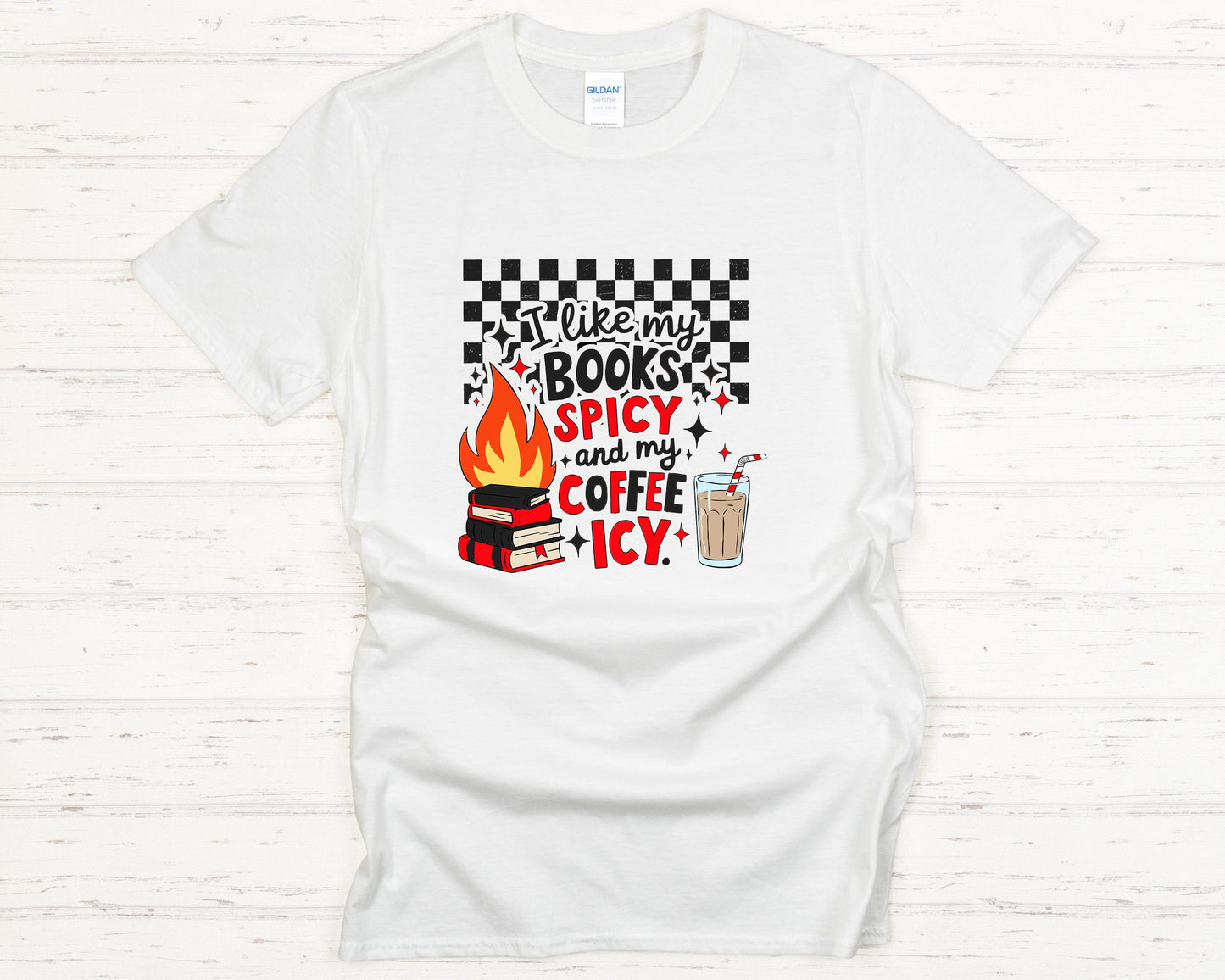 Funny Book Lover T-Shirt Cozy Reading Tee with Spicy Books & Icy Coffee Graphic, Aesthetic Checkered Design Shirt