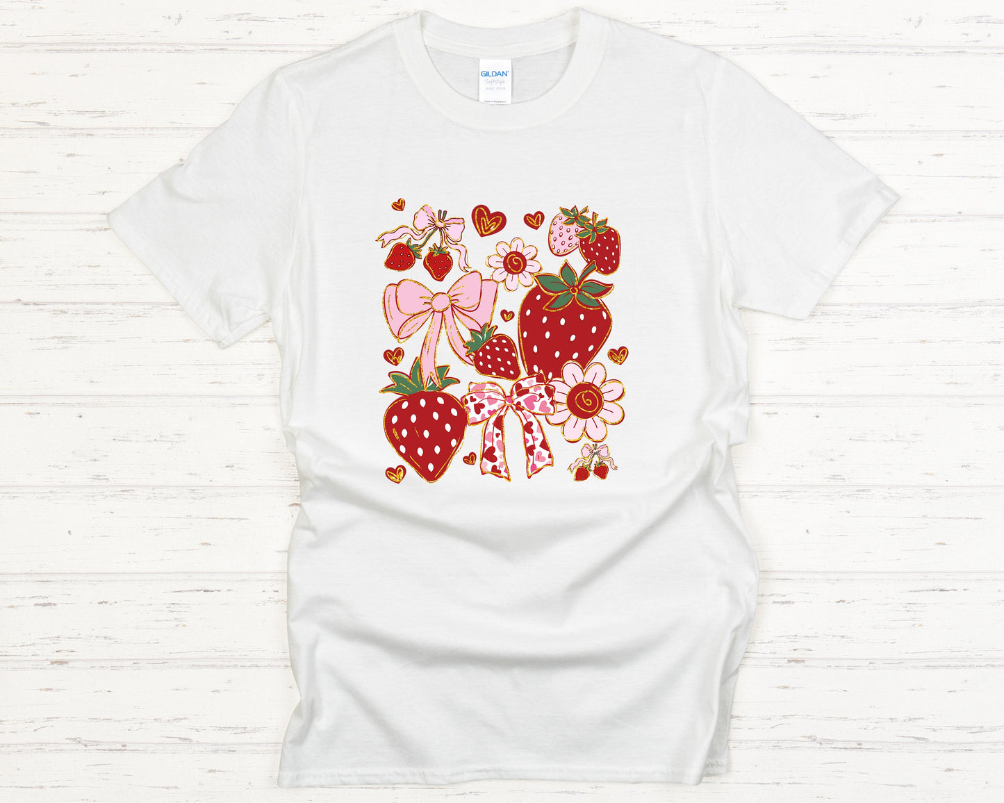 Summer Vibes Strawberry Bow T-Shirt Cute Berry Graphic Tee Farmhouse Style Sweet Summer Outfit