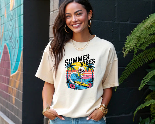 Skeleton Surfer Graphic Tee - Summer Vibes Tropical Beach Sunset Shirt, Retro Wave Beachwear Gift, Casual Surf T-Shirt