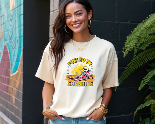 Funny Summer Vibes Skeleton Beach Tee - Retro Coastal Vacation Shirt, Fueled by Sunshine Graphic Casual Top