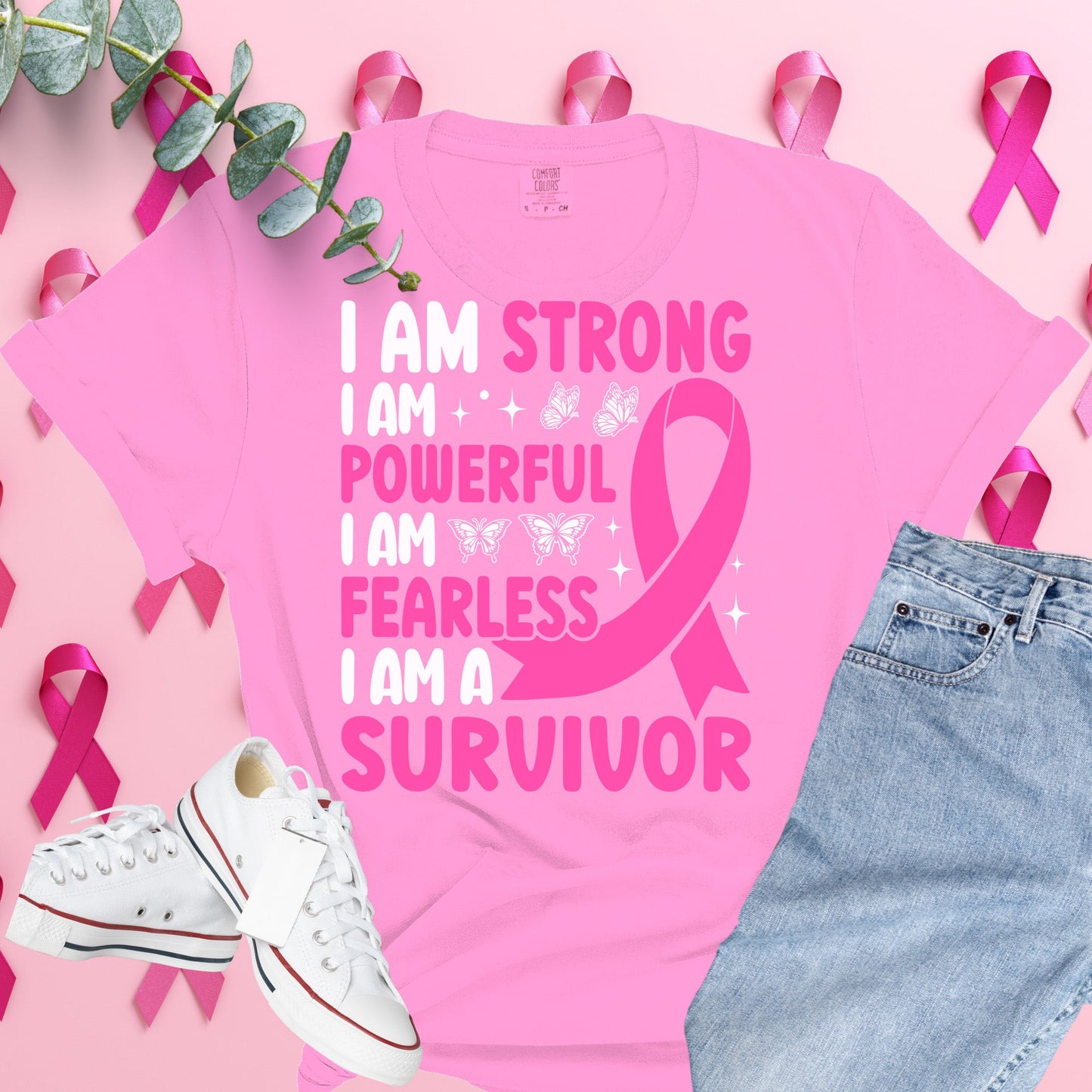 I am Strong and Powerful Breast Cancer Awareness Shirt on Blossom Comfort Colors® Tee – Pink Ribbon, October Support, Halloween Theme