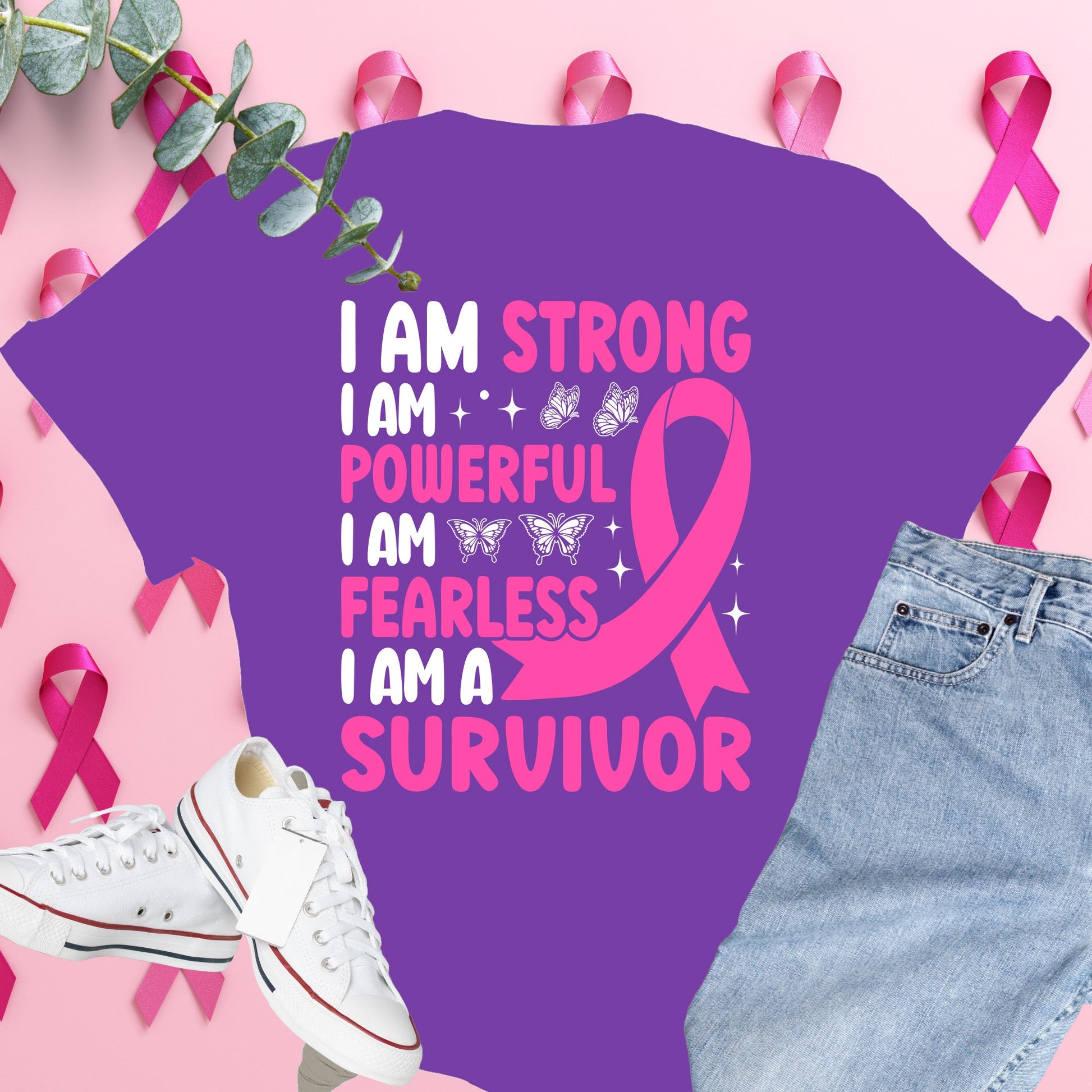 I am Strong and Powerful Breast Cancer Awareness Shirt on Grape Comfort Colors® Tee – Pink Ribbon, October Support, Halloween Theme
