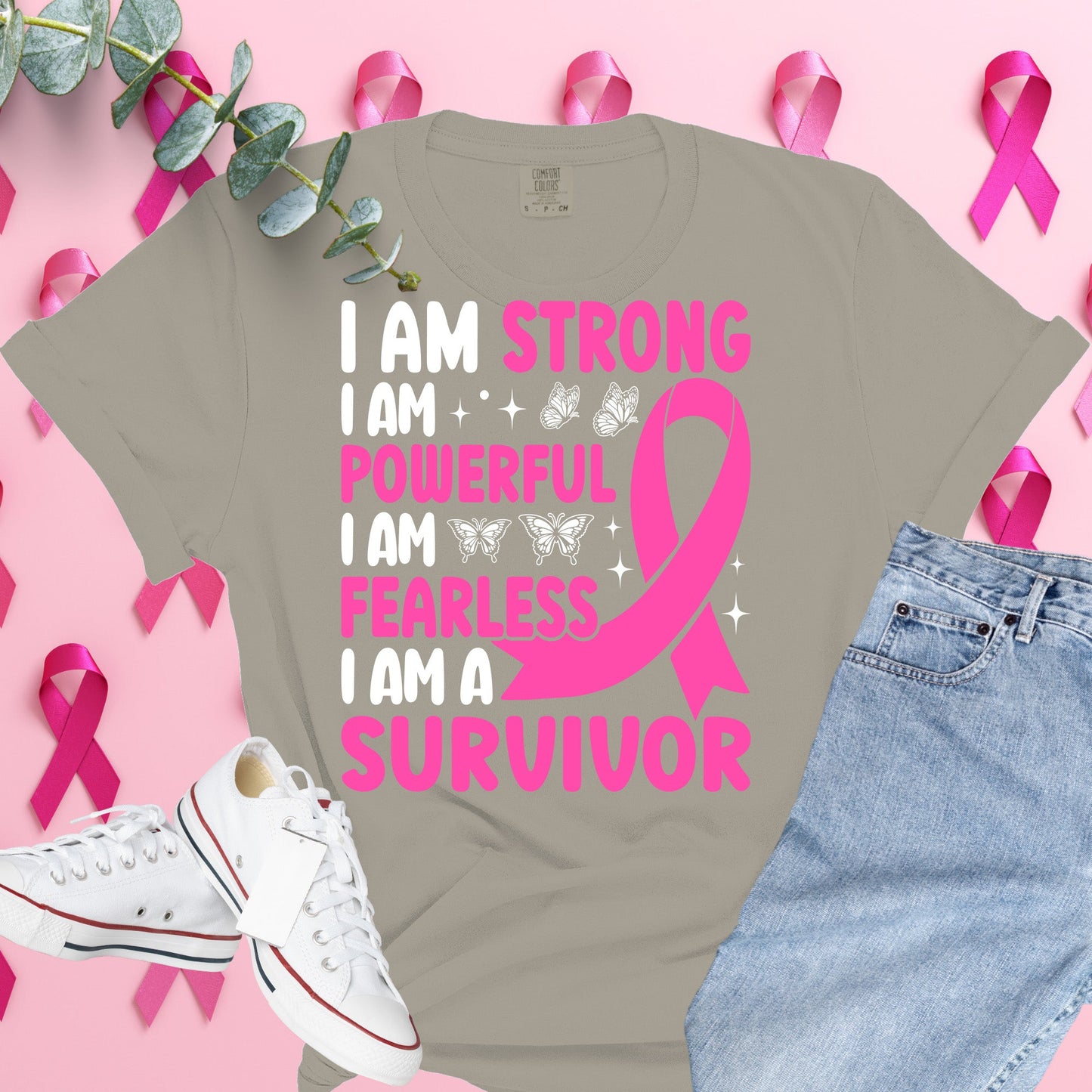 I am Strong and Powerful Breast Cancer Awareness Shirt on Sandstone Comfort Colors® Tee – Pink Ribbon, October Support, Halloween Theme