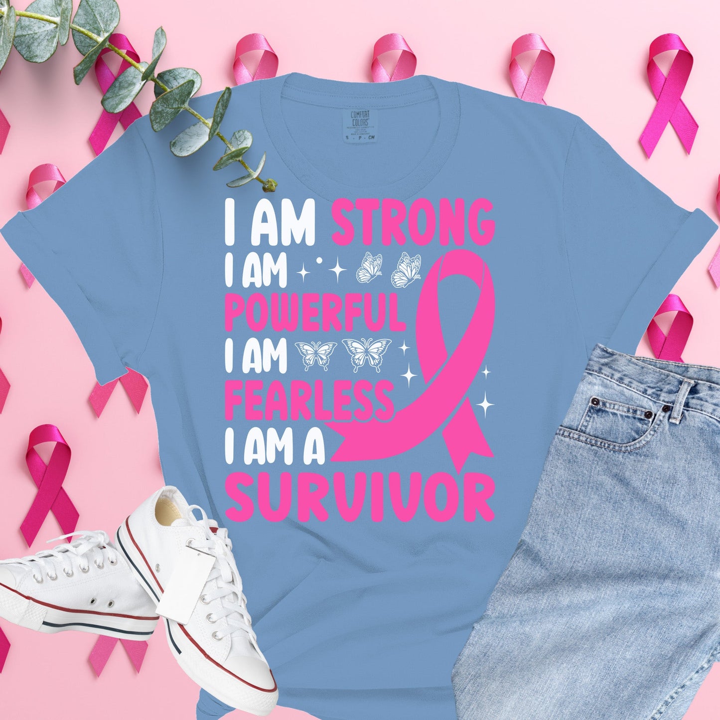 I am Strong and Powerful Breast Cancer Awareness Shirt on Washed Denim Comfort Colors® Tee – Pink Ribbon, October Support, Halloween Theme