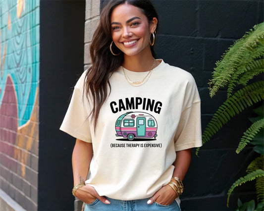 Camping Therapy T-Shirt - Funny Retro Camper Graphic Tee, Outdoor Adventure Shirt, Nature Lover Gift for Hikers & Campers