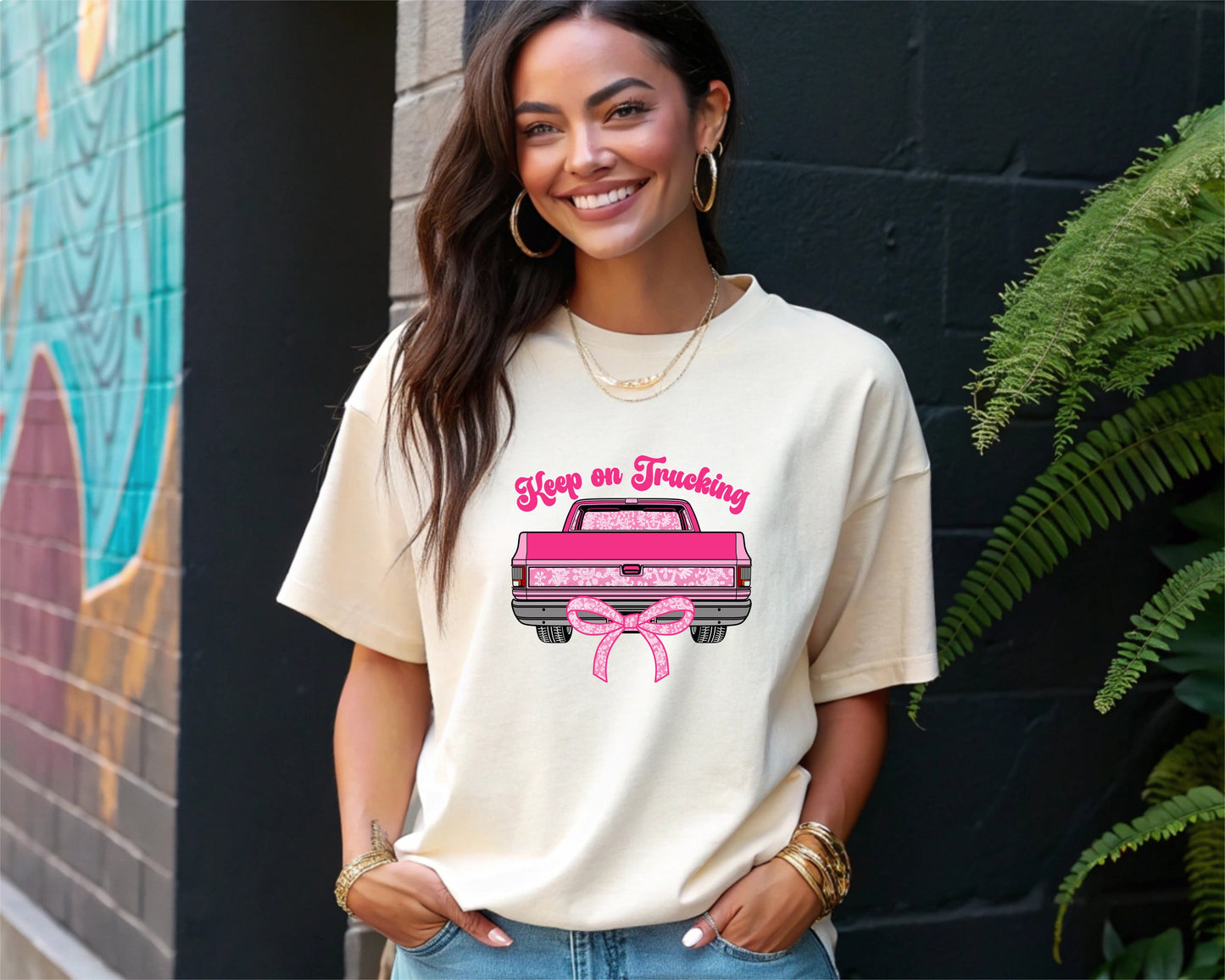 Keep On Trucking Country Graphic Tee Retro Pink Truck Graphic Tee Cute Country Western Rodeo Outfit Bow Top