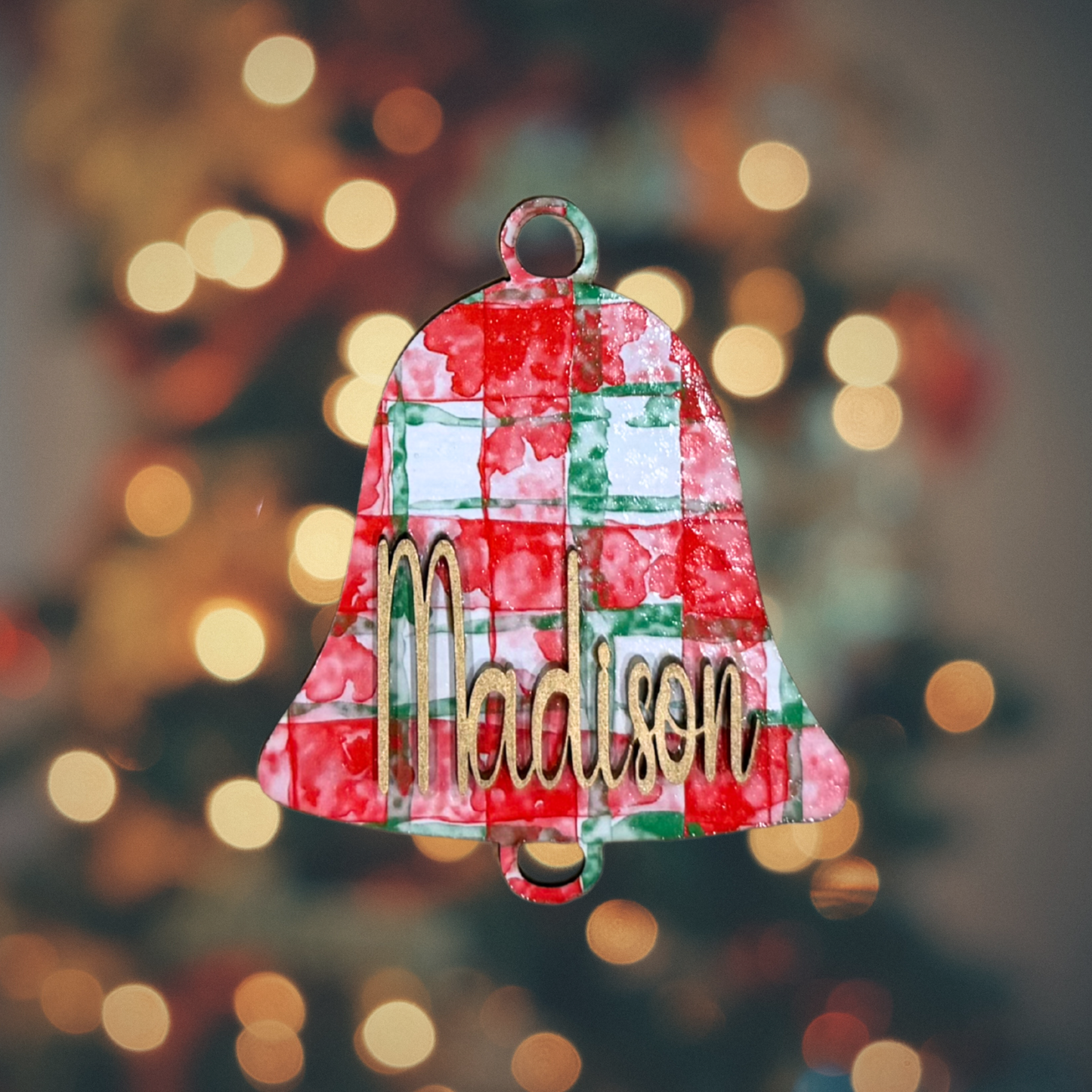 Christmas Plaid Round  Bell Wood Ornament:  Personalized Family, Custom Name, 2025 Ornament Personalizable Initial