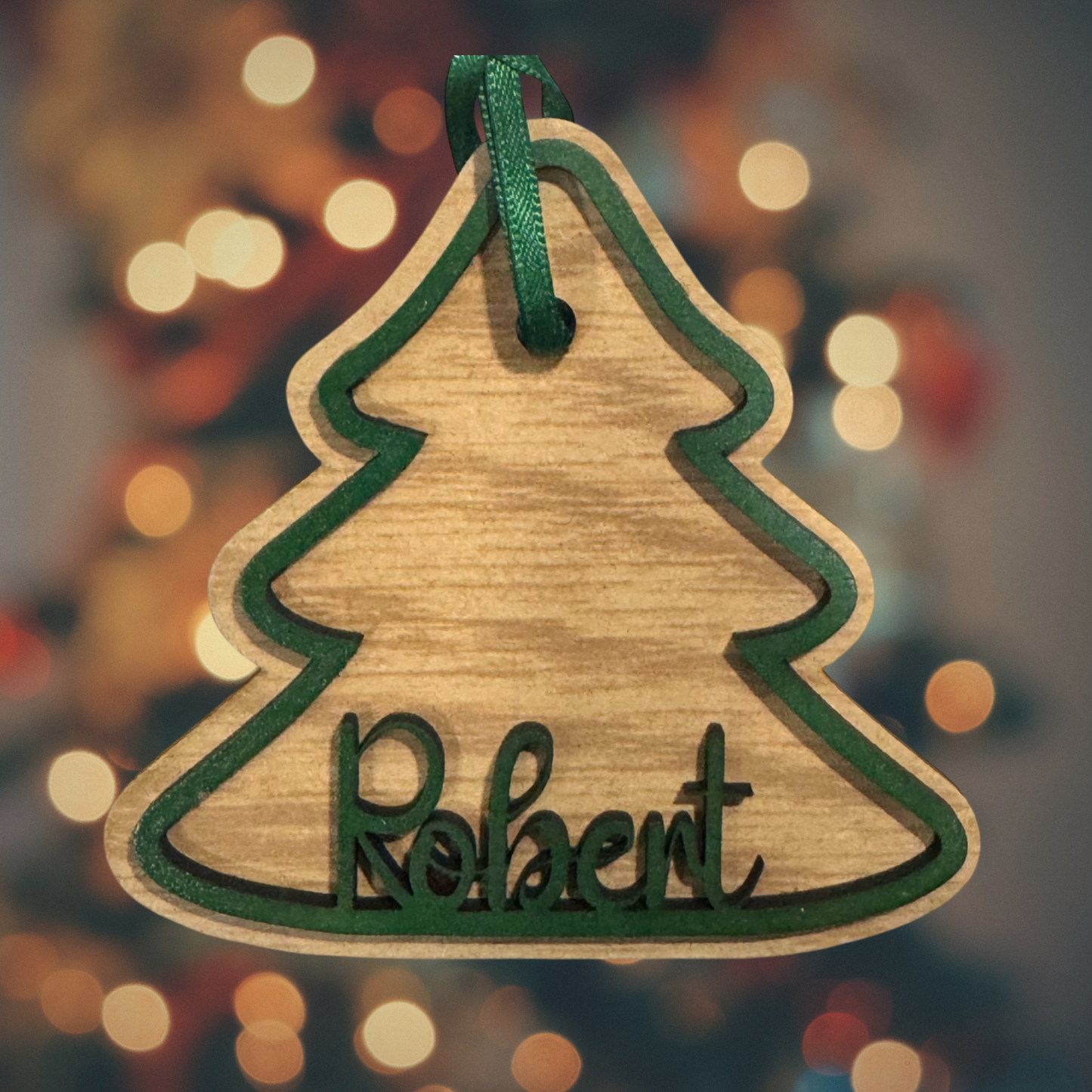 Personalized Wooden Ornament:  Christmas Tree, Laser Cut, Custom Name, Family Ornament