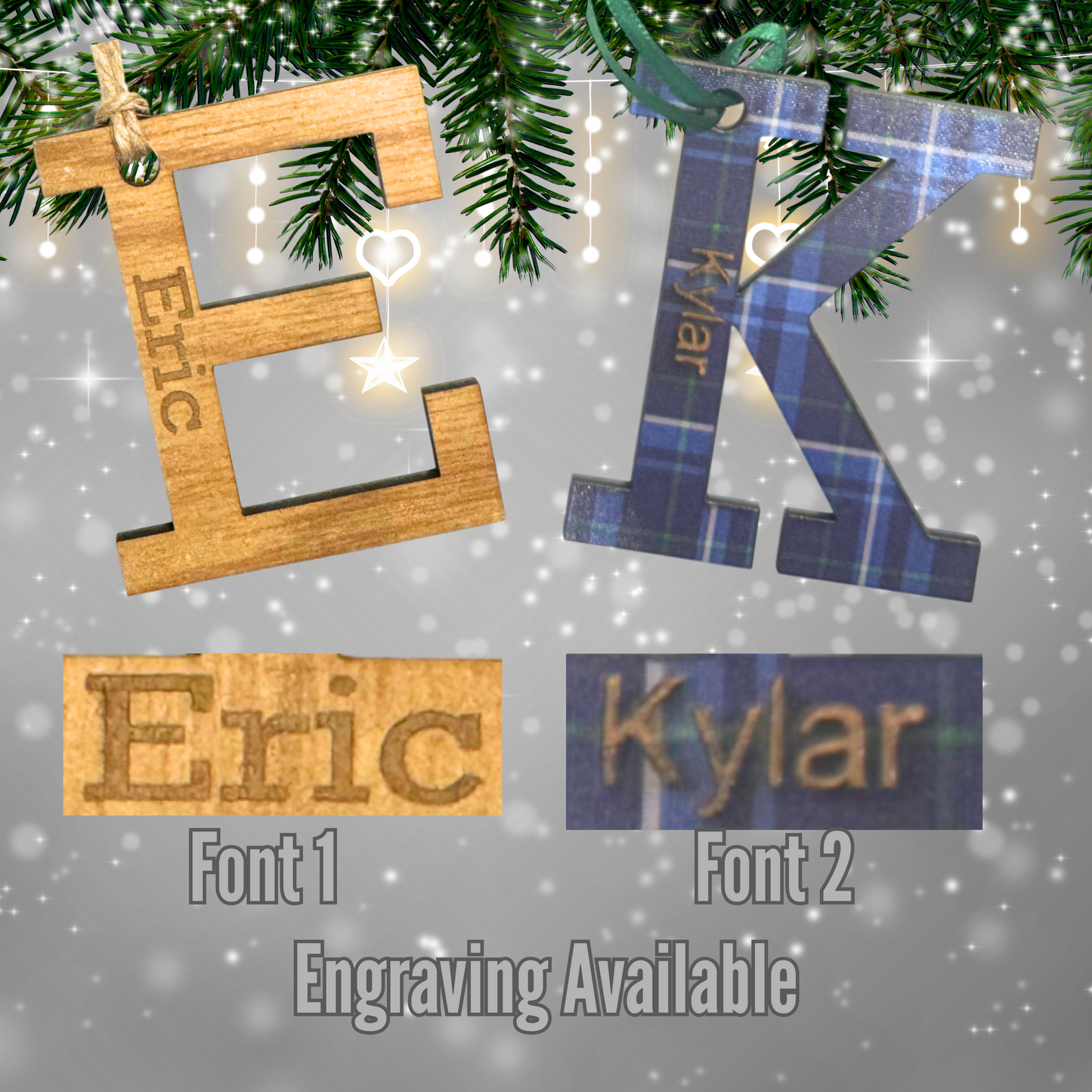 Personalized Wood Ornament:  Tartan Plaid, Laser Cut, Custom Letter, Family Ornament, Engraved