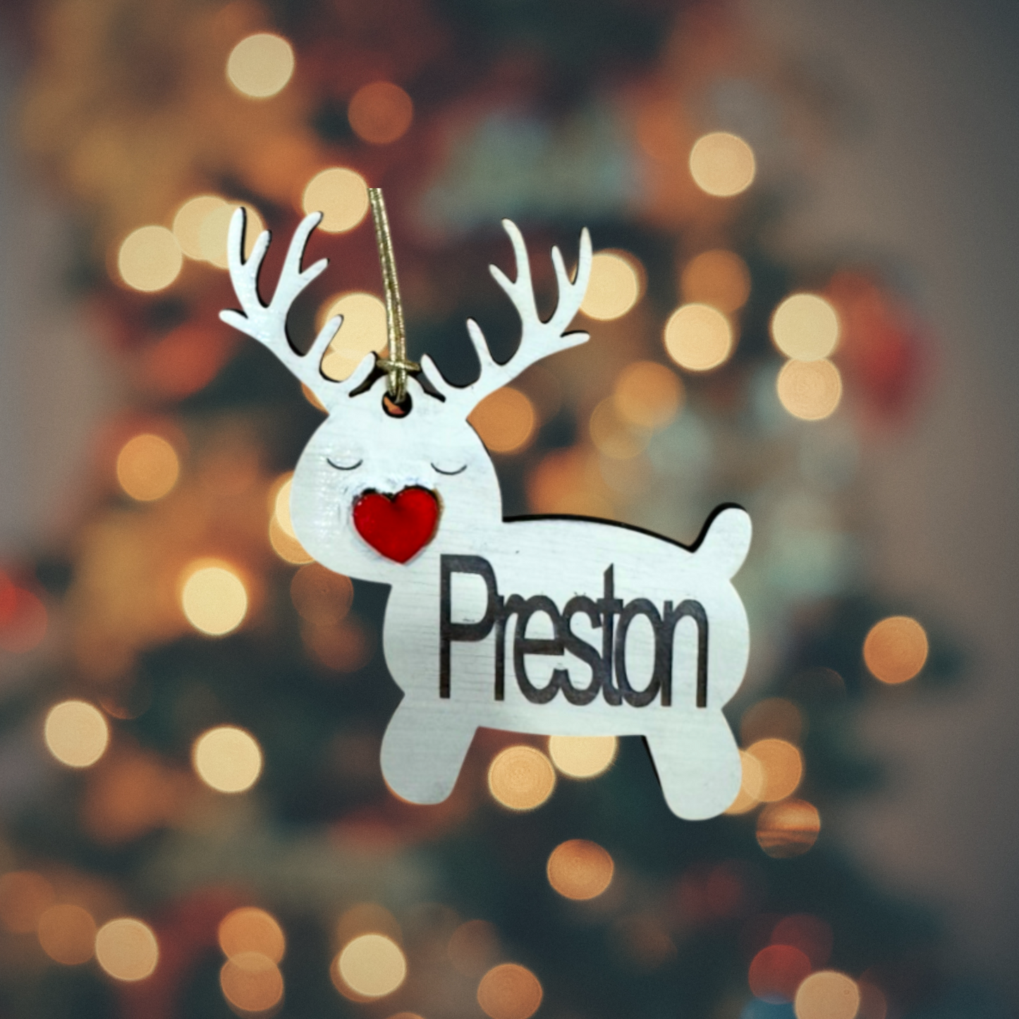 Christmas Reindeer Heart Wood Ornament:  Personalized Family, Custom Name, 2025 Ornament