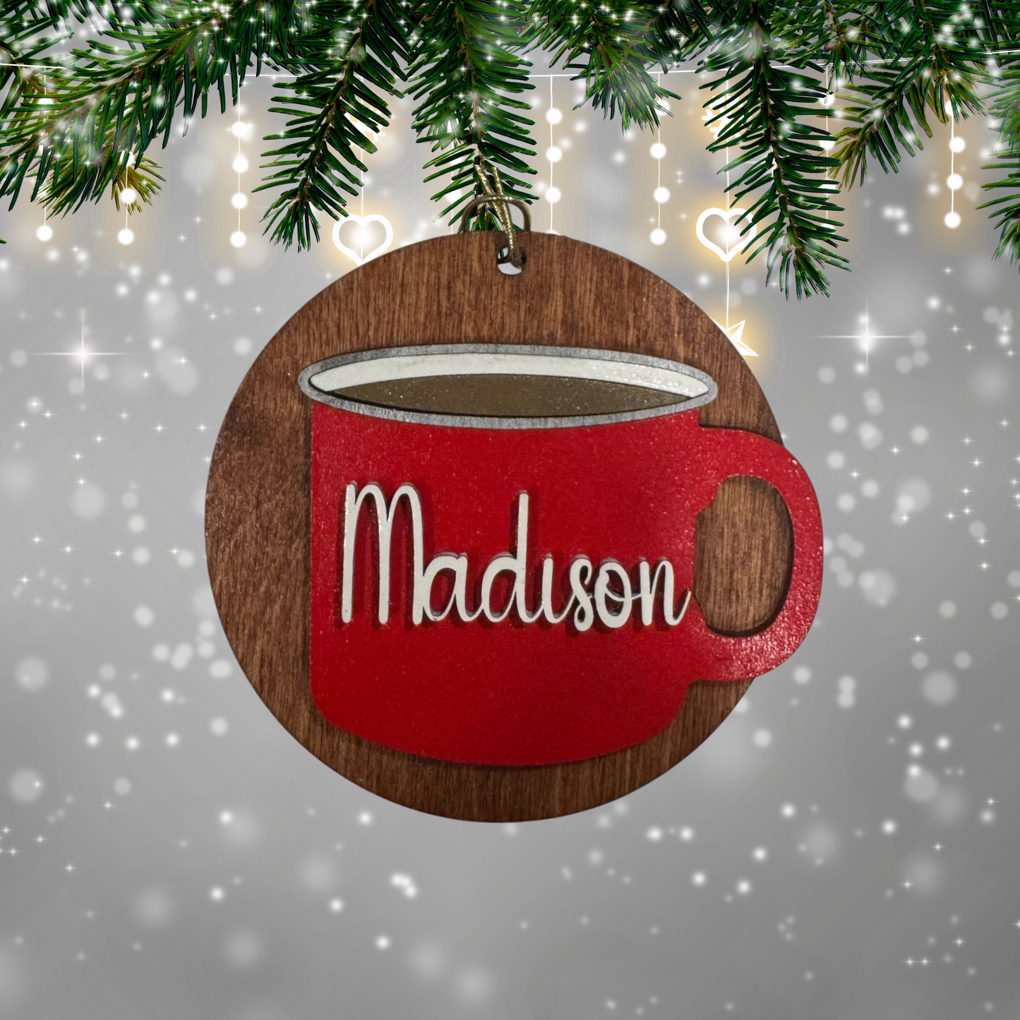 Personalized Wooden Ornament:  Christmas Mug, Laser Cut, Custom Name, Year