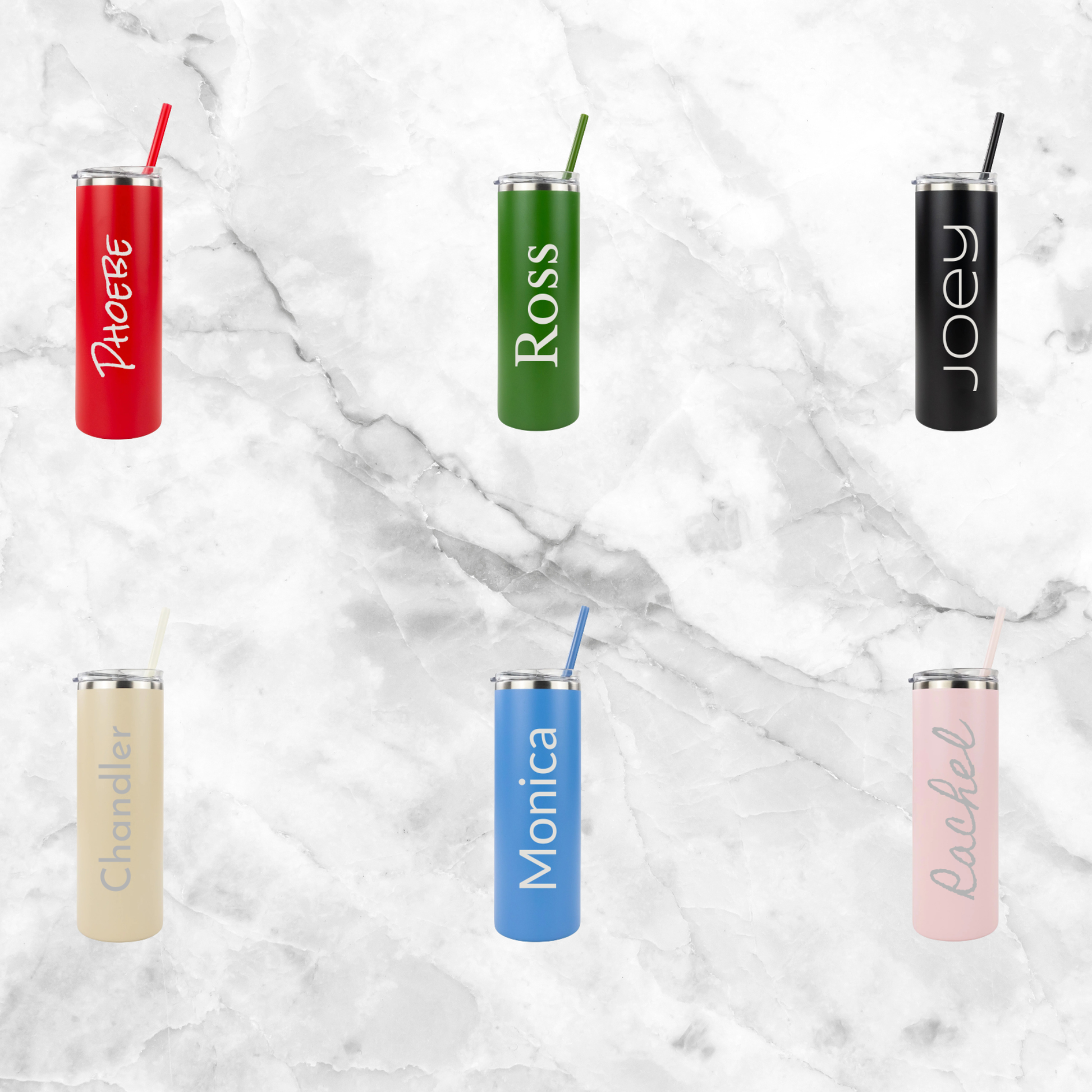 Set of personalized tumblers with names on a marble background
