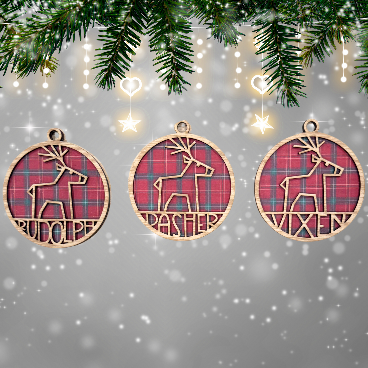 Personalized Tartain Plaid Wooden Ornament:  Reindeer Rudolph , Custom Name, 2025 Ornament