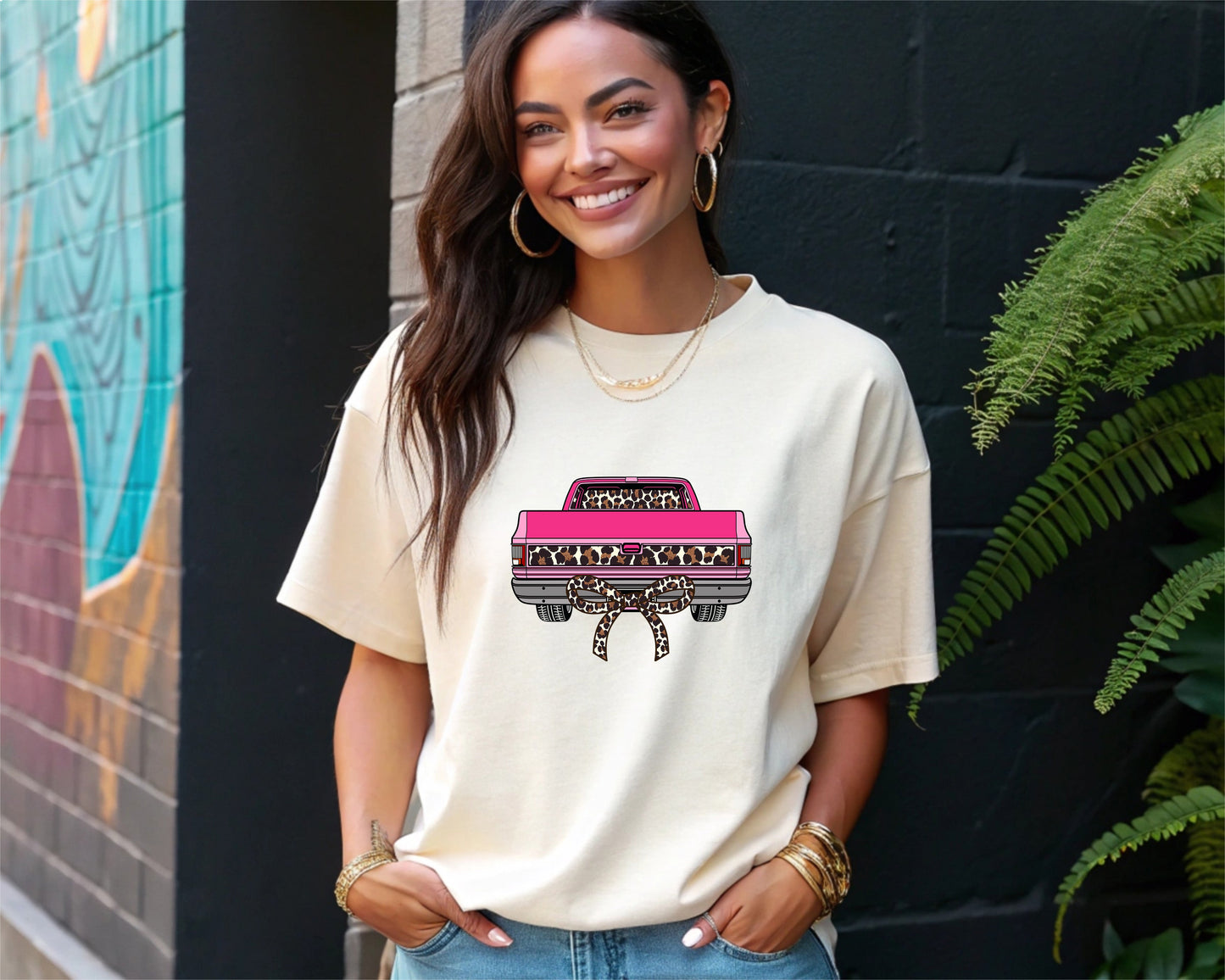 Leopard Print Bow Truck T-Shirt -  Country Graphic Tee Pink Western Pickup Tee, Cute Cowgirl Rodeo Outfit Shirt