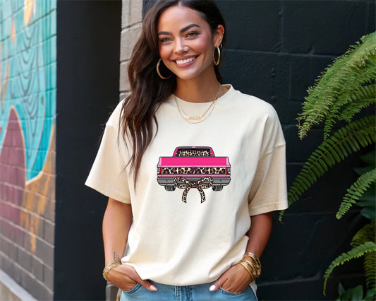 Leopard Print Bow Truck T-Shirt -  Country Graphic Tee Pink Western Pickup Tee, Cute Cowgirl Rodeo Outfit Shirt