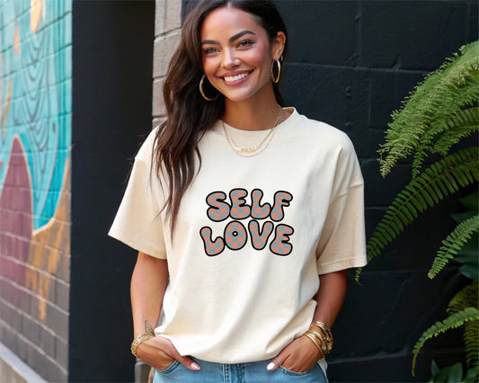 Self Love T-Shirt Retro Checkered Bubble Letters Graphic Tee Positive Mindset Mental Health Awareness Gift