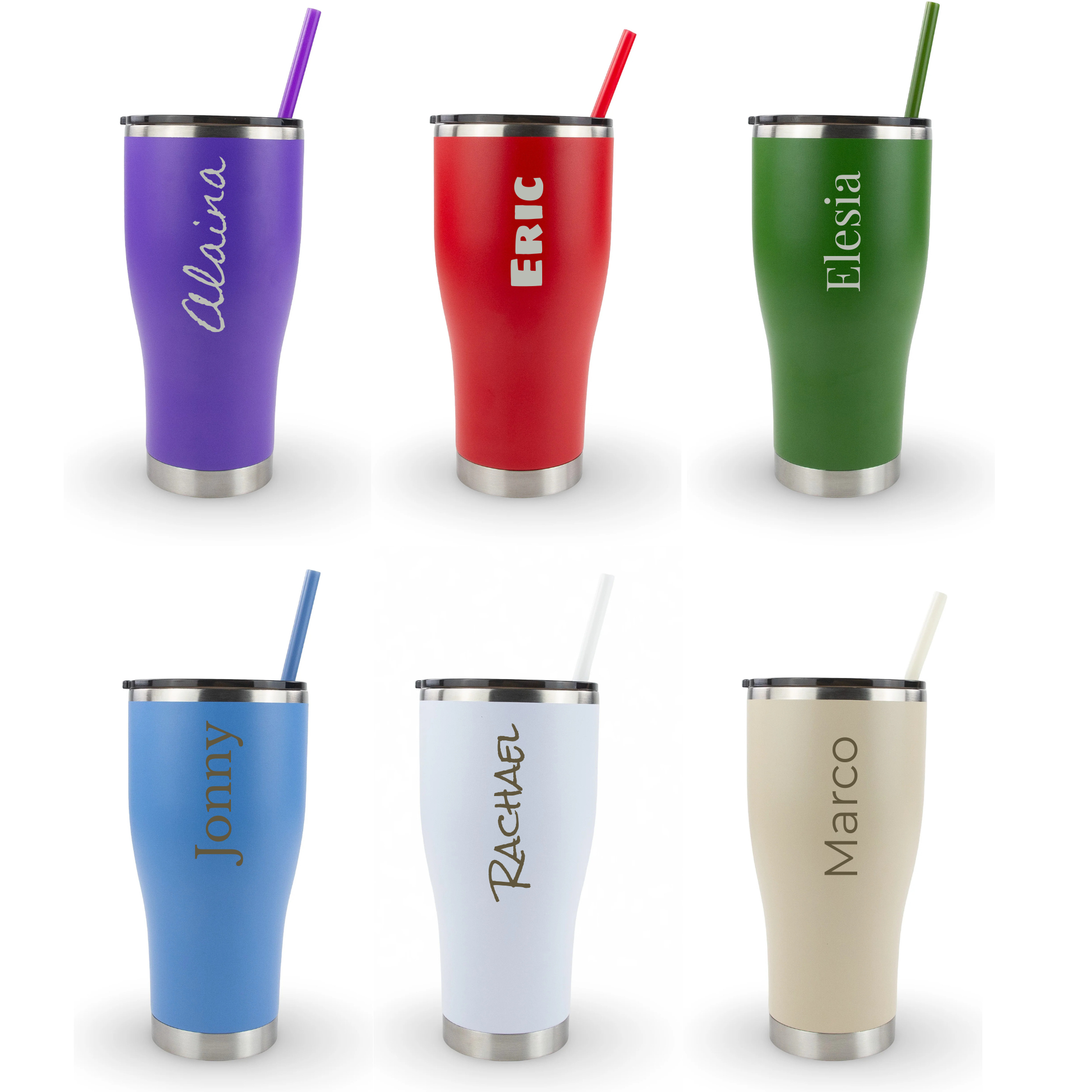Set of six insulated tumblers in different colors with names engraved on them.