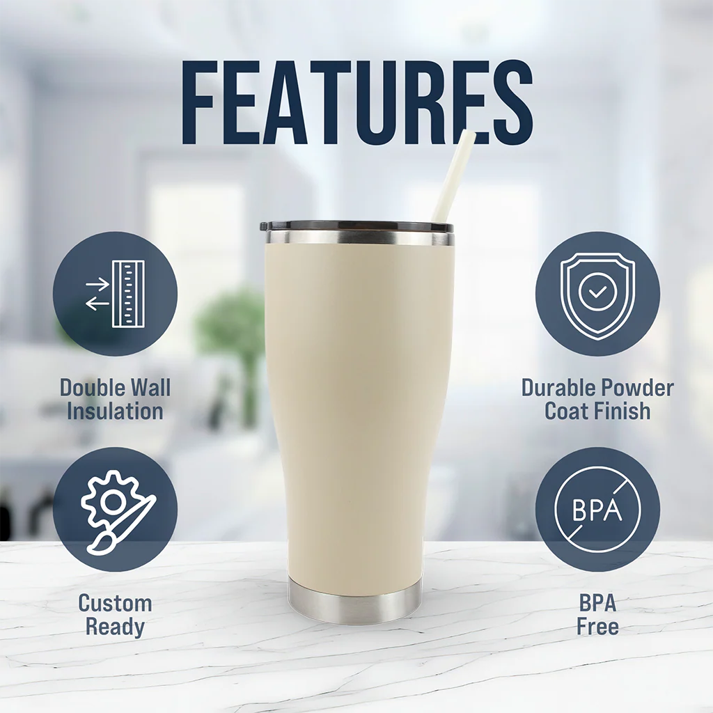 Beige tumbler with features listed on a blurred background