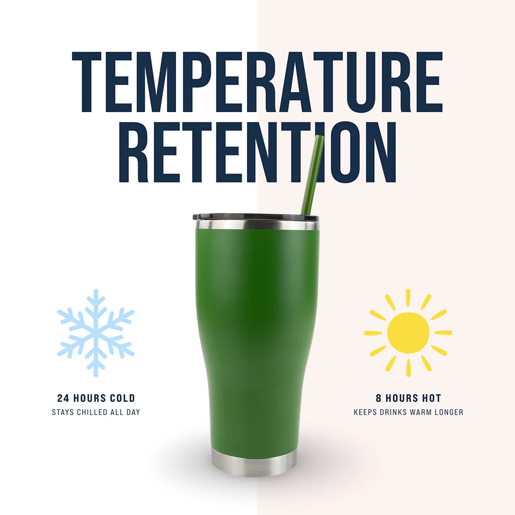 Green insulated tumbler with temperature retention graphics on a white background
