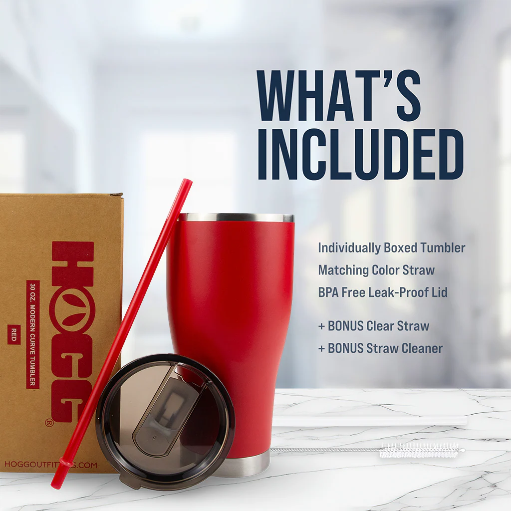Red tumbler with matching straw and box on a marble surface, featuring text about included items.
