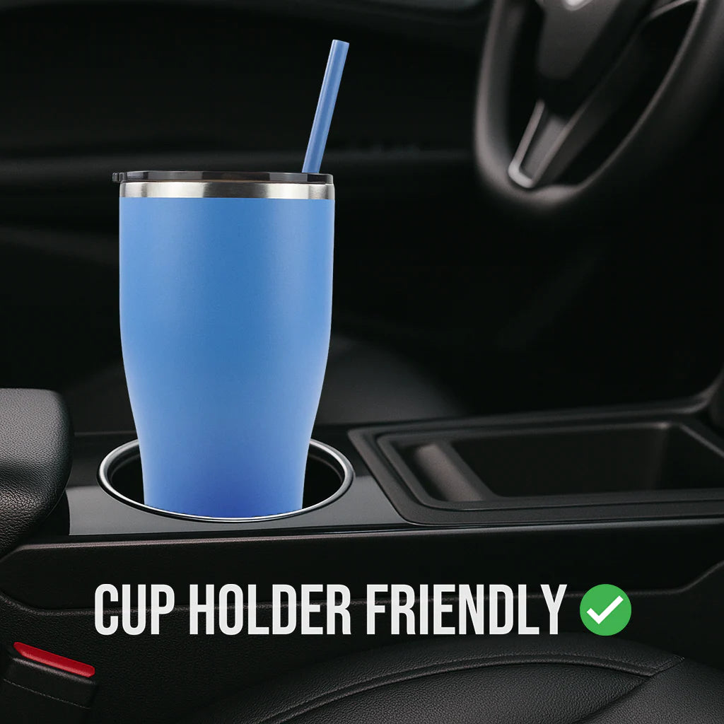 Blue tumbler with a straw in a car cup holder, with 'Cup Holder Friendly' text and checkmark.
