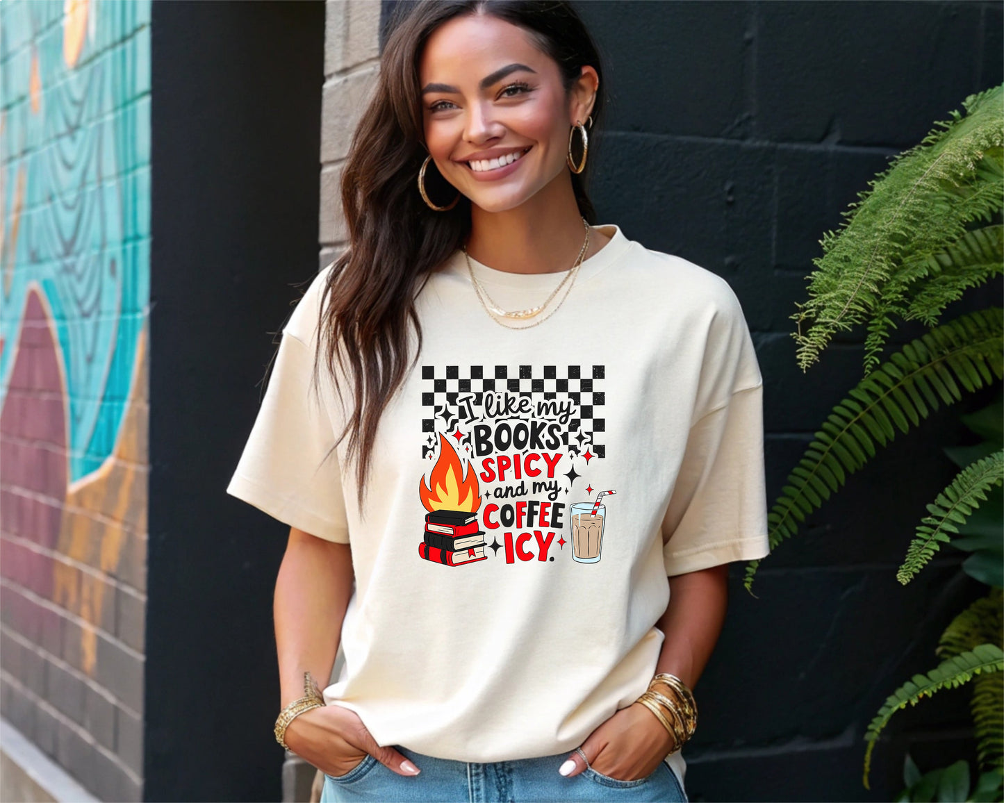 Funny Book Lover T-Shirt Cozy Reading Tee with Spicy Books & Icy Coffee Graphic, Aesthetic Checkered Design Shirt