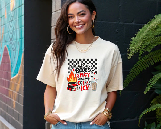 Funny Book Lover T-Shirt Cozy Reading Tee with Spicy Books & Icy Coffee Graphic, Aesthetic Checkered Design Shirt