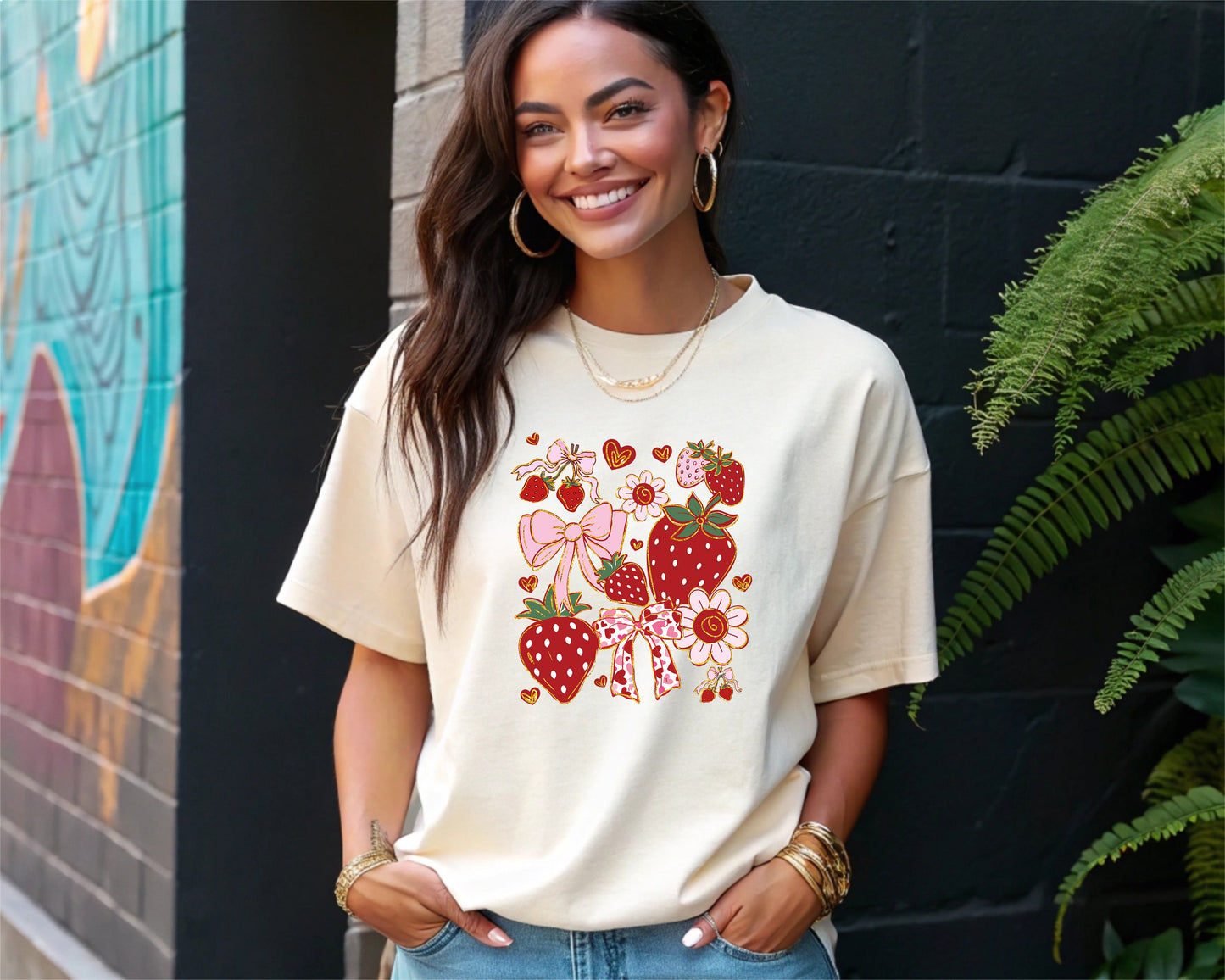 Summer Vibes Strawberry Bow T-Shirt Cute Berry Graphic Tee Farmhouse Style Sweet Summer Outfit