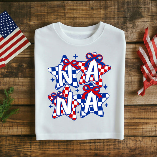 Fourth of July Nana T-Shirt Patriotic Graphic Tee with Checkered Stars, Fourth of July Grandma Gift, Funny Vintage USA Spirit Top