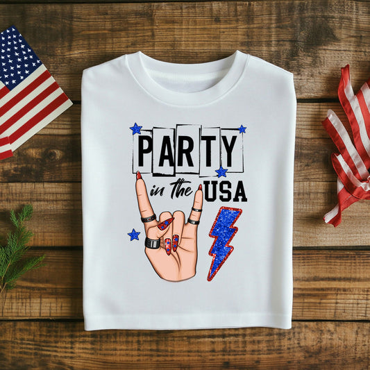 Fourth of July T-Shirt USA Patriotic Glitter Stars Lightning Bolt Graphic Tee Rock On Fourth of July Shirt