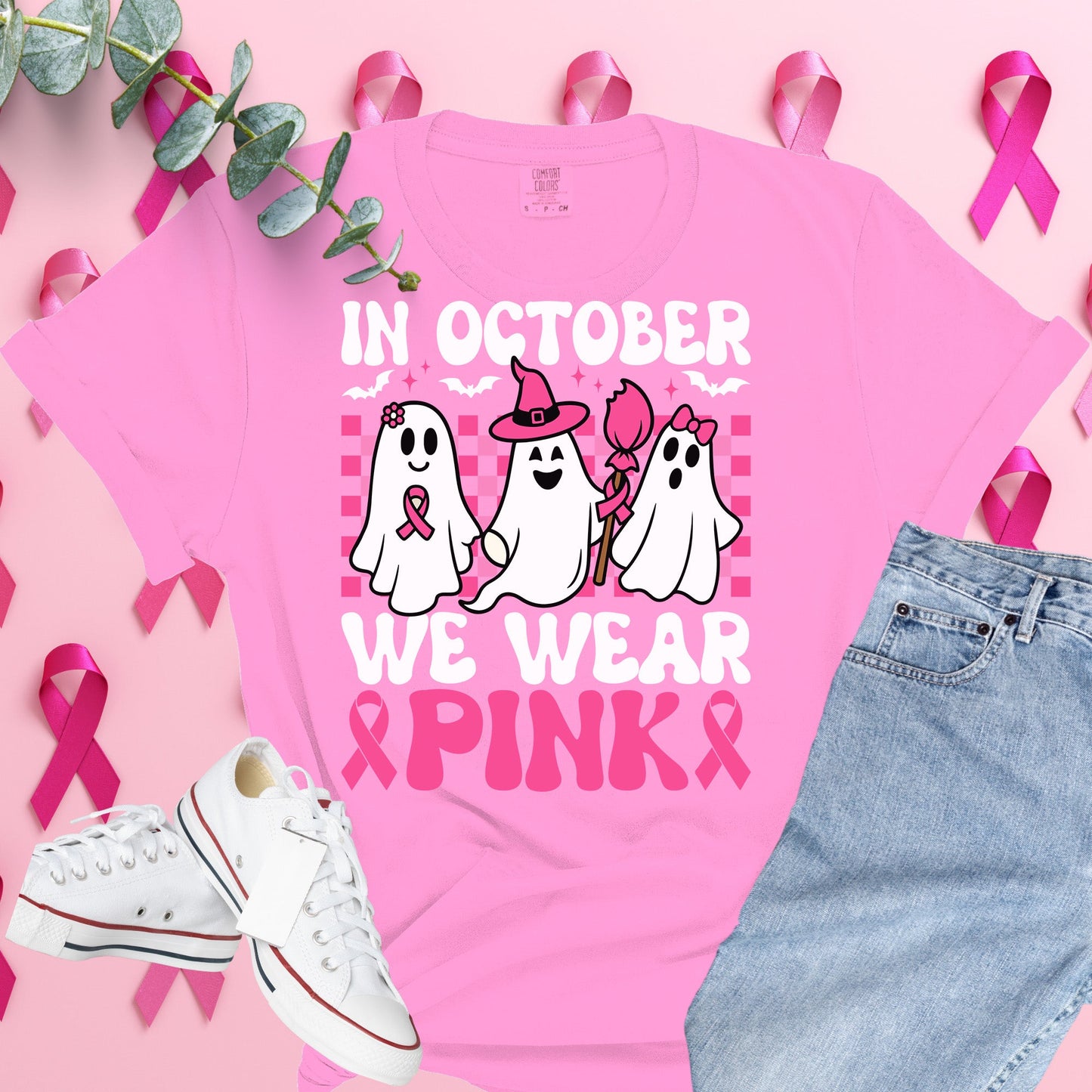 Breast Cancer Awareness Shirt on Pepper Comfort Colors® Tee – Pink Ribbon, October Support, Halloween Theme