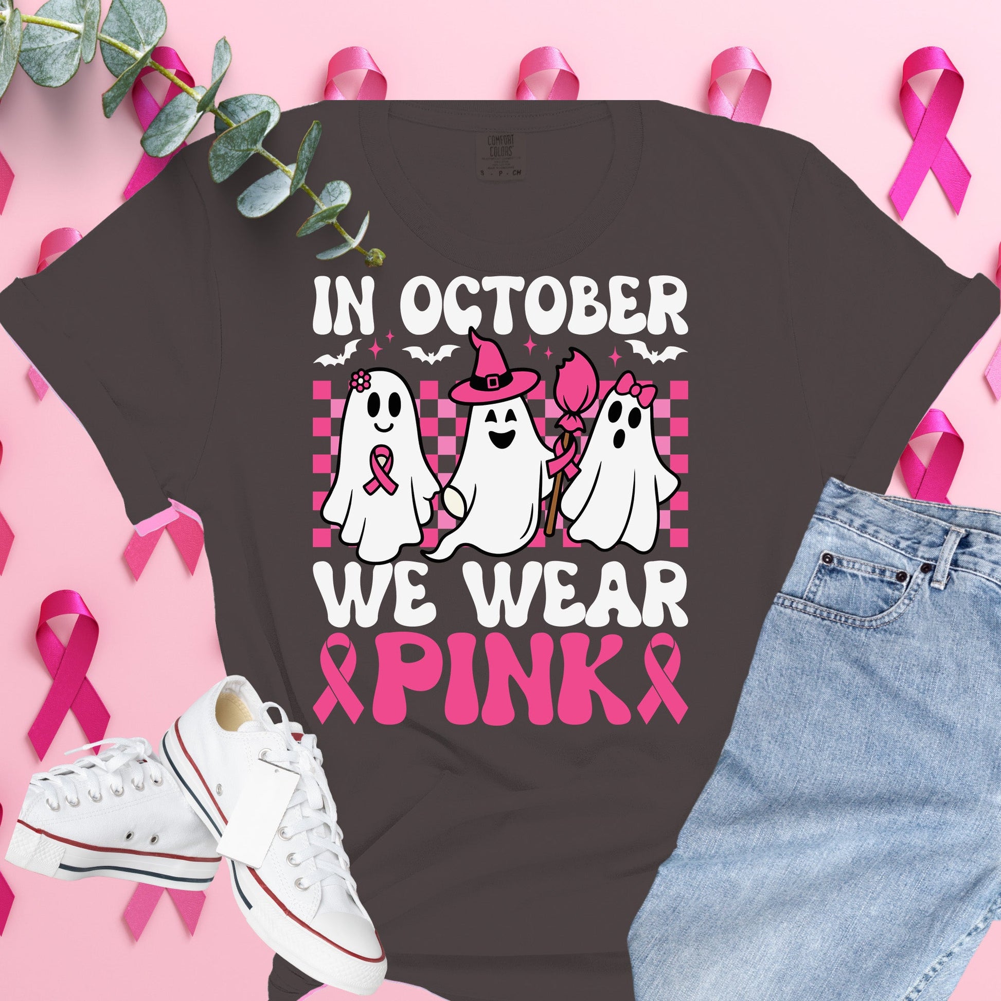 Breast Cancer Awareness Shirt on Washed Denim Comfort Colors® Tee – Pink Ribbon, October Support, Halloween Theme