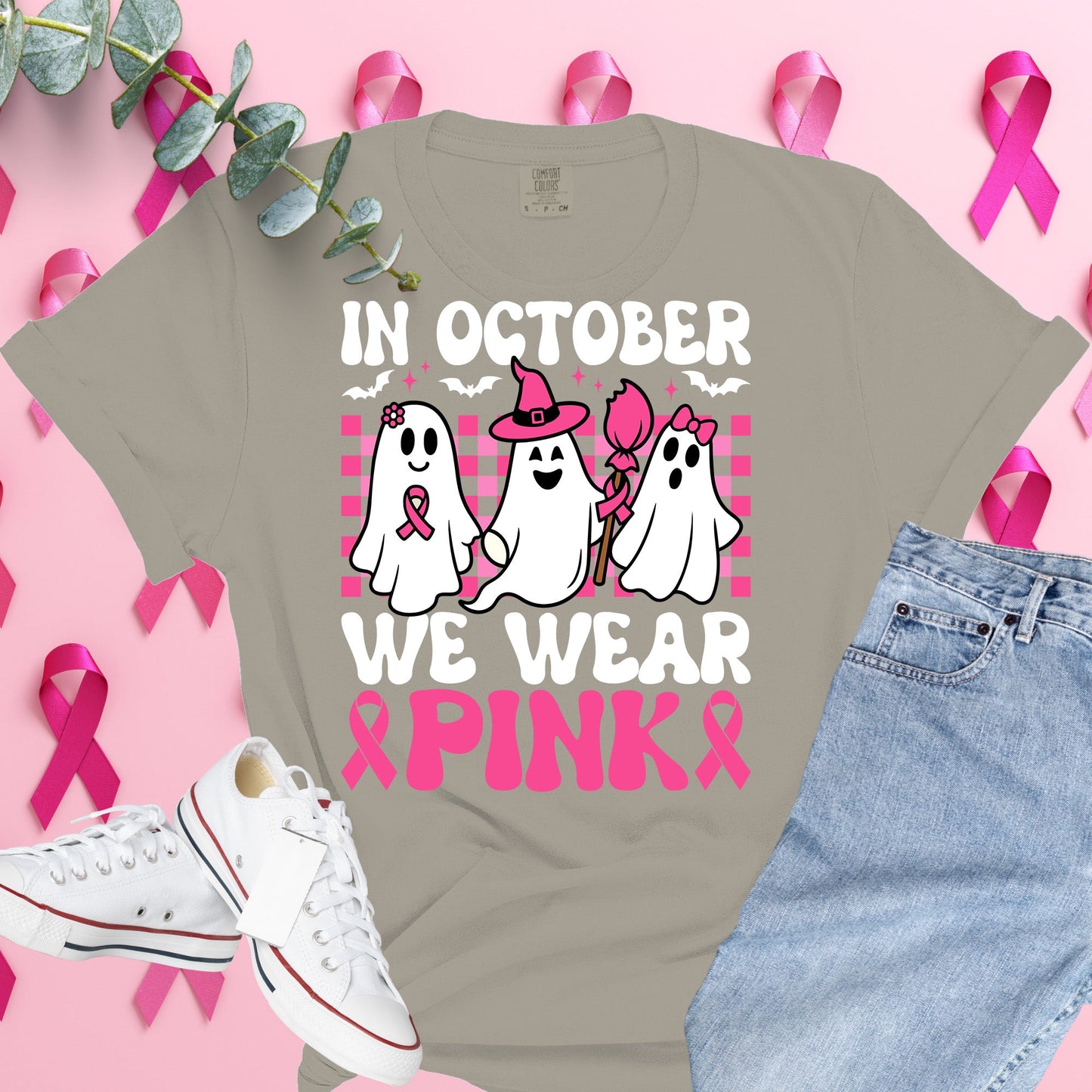 Breast Cancer Awareness Shirt on Grape Comfort Colors® Tee – Pink Ribbon, October Support, Halloween Theme