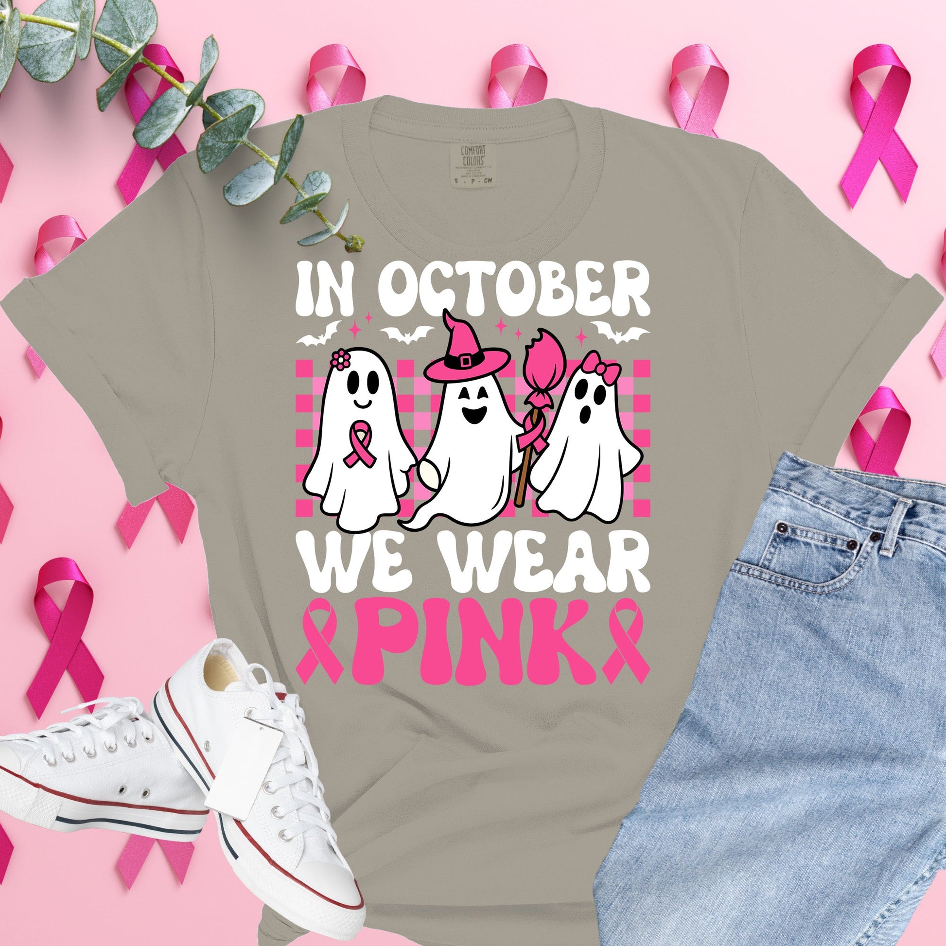 Breast Cancer Awareness Shirt on Grape Comfort Colors® Tee – Pink Ribbon, October Support, Halloween Theme