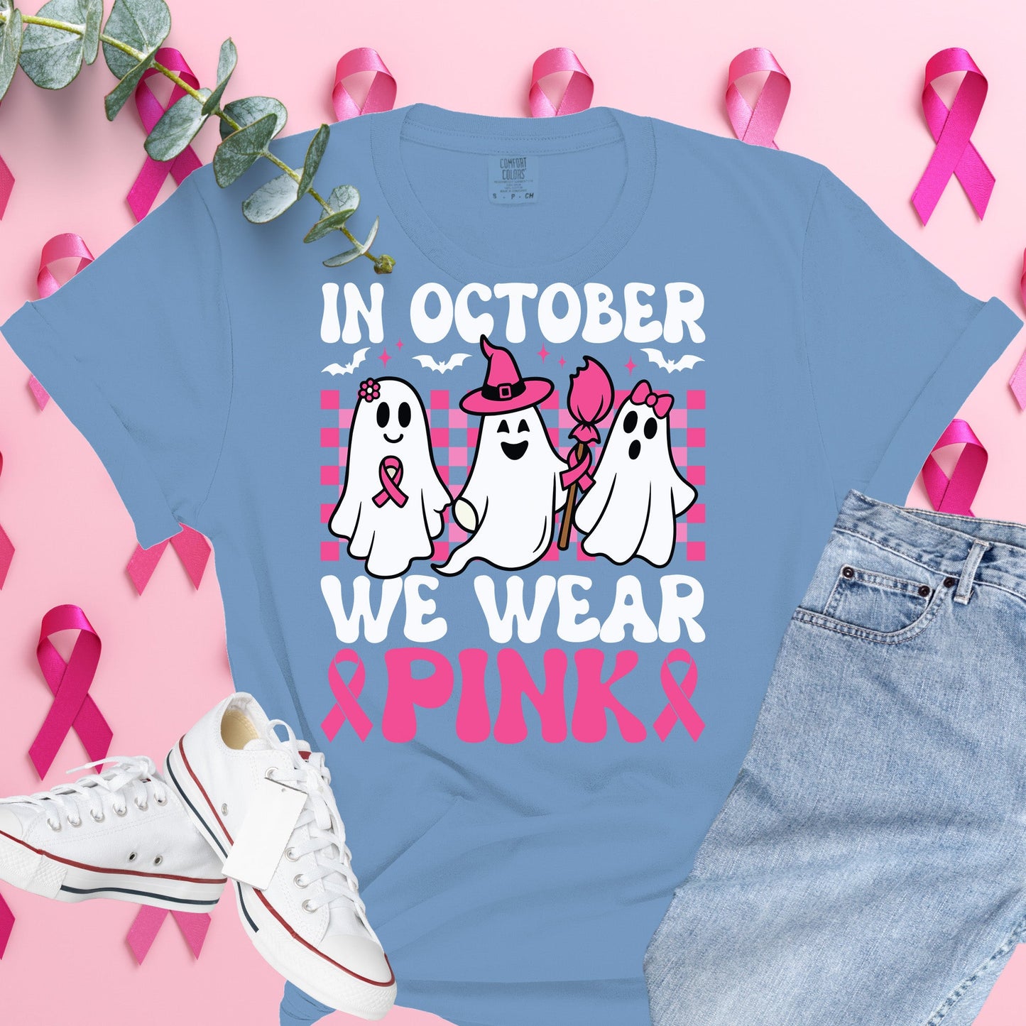  Breast Cancer Awareness Shirt on Comfort Colors® Tee – Pink Ribbon, October Support, Halloween Theme