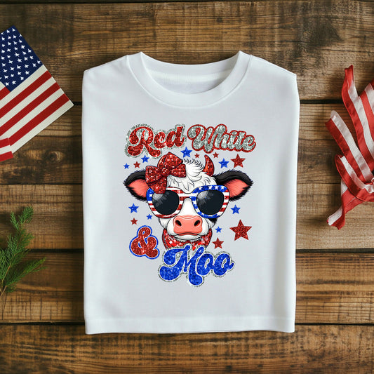 Fourth of July T-Shirt Patriotic Cow Graphic Tee Red White & Moo Funny USA Independence Day Shirt