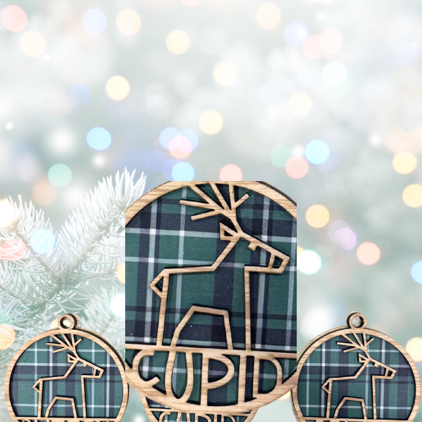 Personalized Tartain Plaid Wooden Ornament:  Reindeer Rudolph , Custom Name, 2025 Ornament