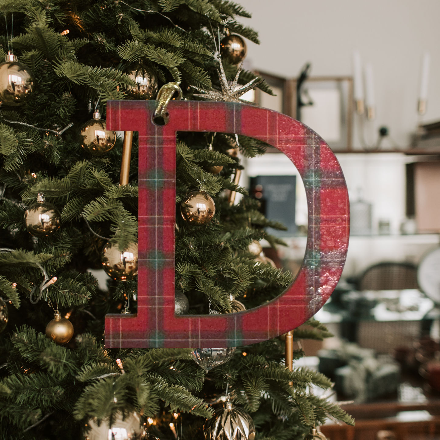 Personalized Wood Ornament:  Tartan Plaid, Laser Cut, Custom Letter, Family Ornament, Engraved