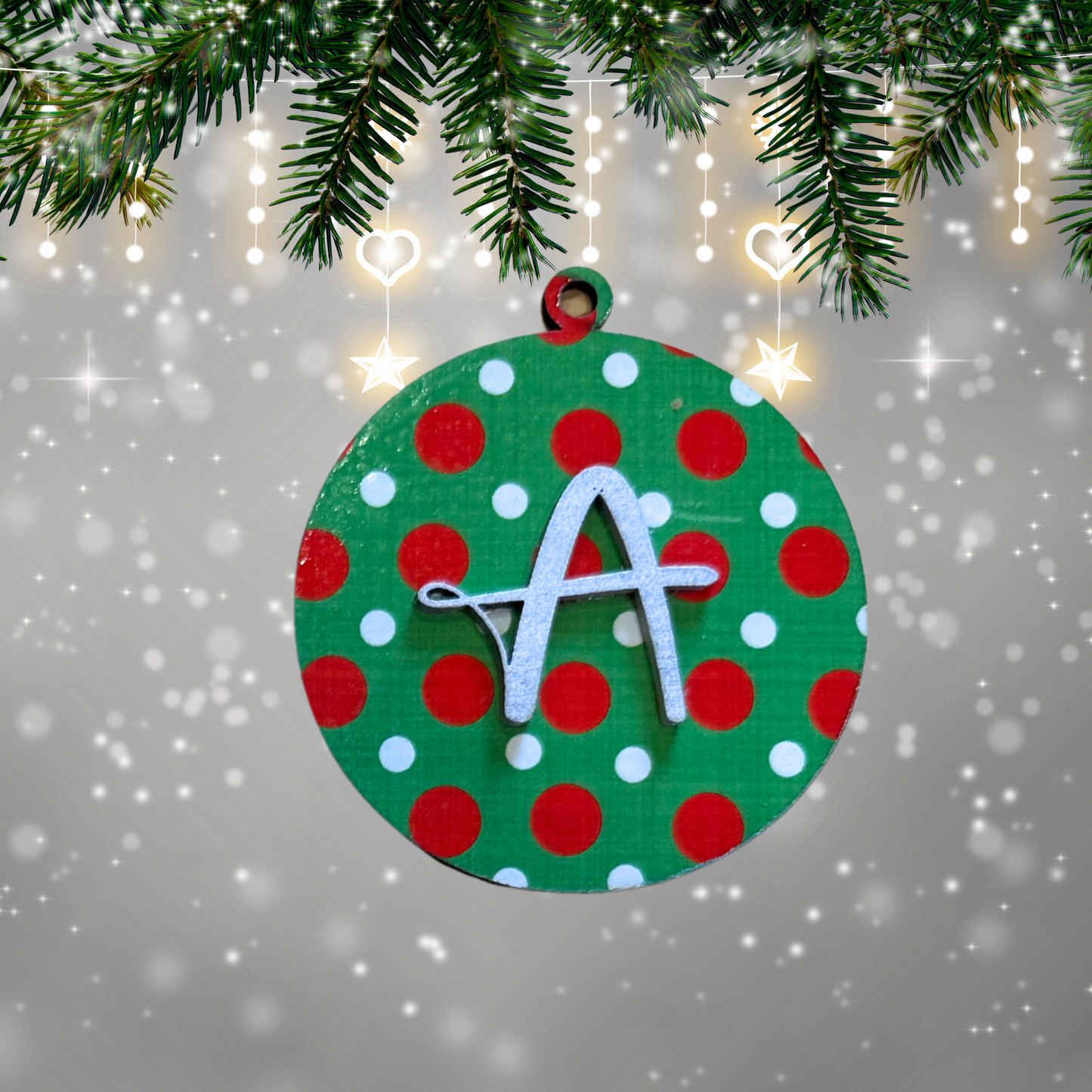 Christmas Polka Dot Round  Bell Wood Ornament:  Personalized Family, Custom Name, 2025 Ornament Personalizable Initial