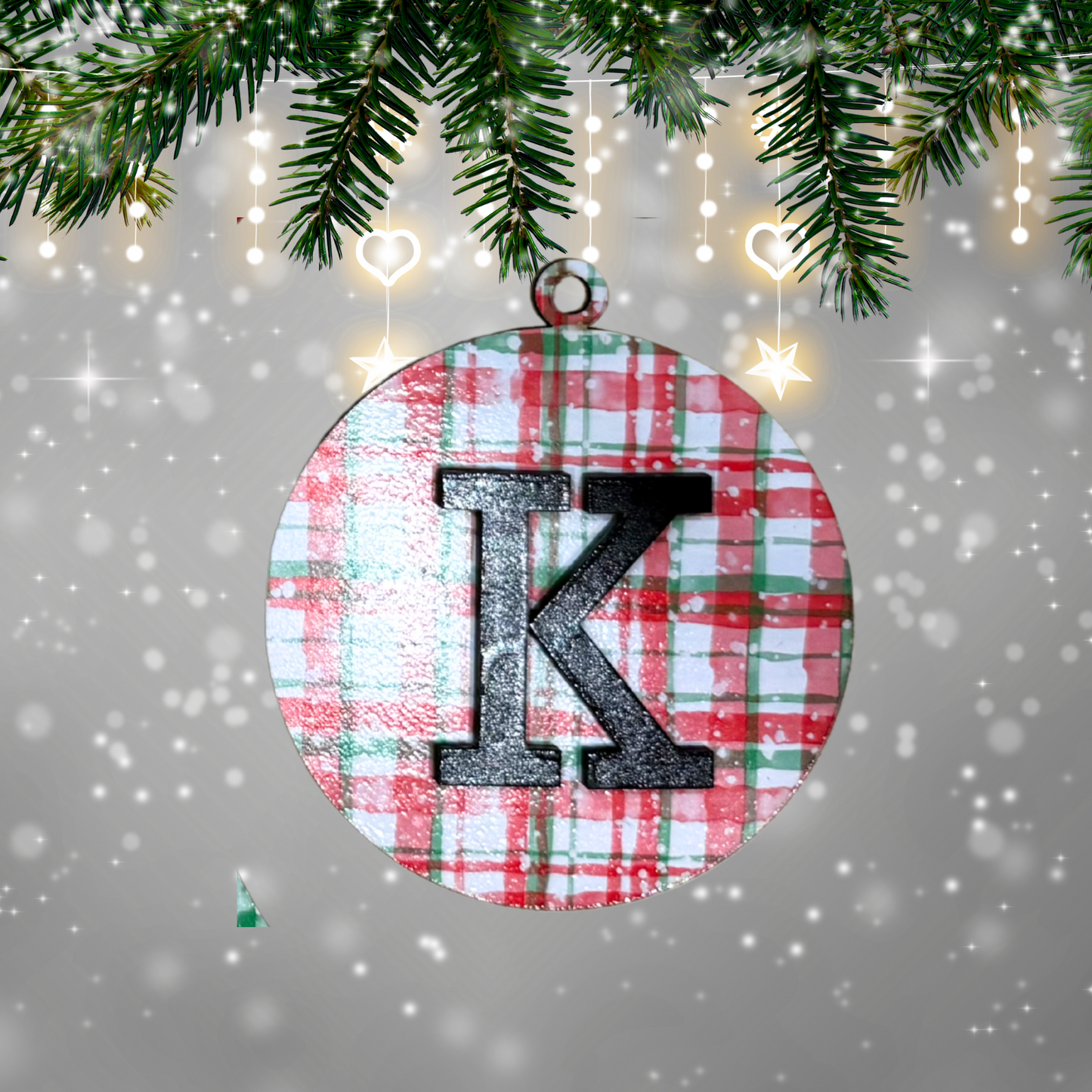 Christmas Plaid Round  Bell Wood Ornament:  Personalized Family, Custom Name, 2025 Ornament Personalizable Initial