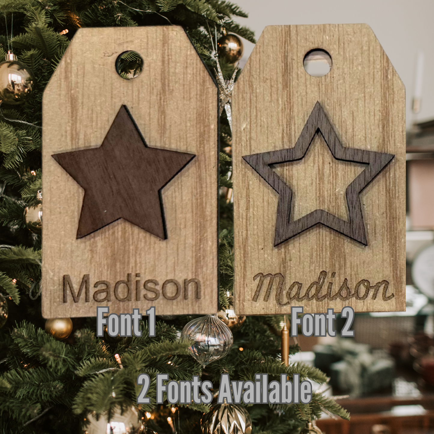 Personalized Wood Gift Tag:  Laser Cut, Custom Name, Family Ornament, Engraved, Stocking tag