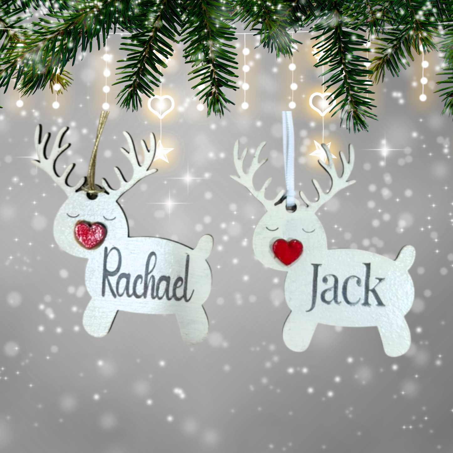 Christmas Reindeer Heart Wood Ornament:  Personalized Family, Custom Name, 2025 Ornament