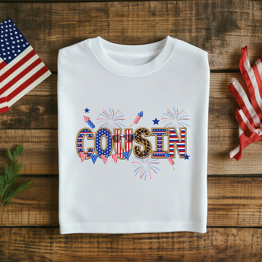 Fourth of July Cousin T-Shirt Patriotic Graphic Tee with Checkered Stars & Leopard Print Fourth of July Shirt