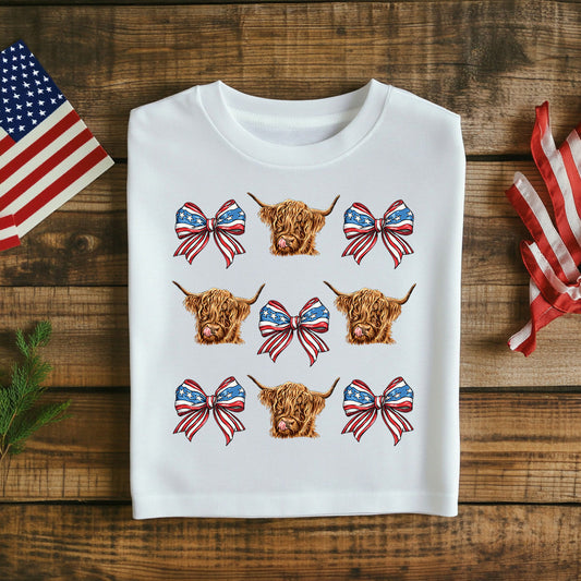Fourth of July Patriotic Highland C Cow T-Shirt – Fun Western Stars & Stripes Tee, USA Flag Graphic Top, 4th of July Apparel