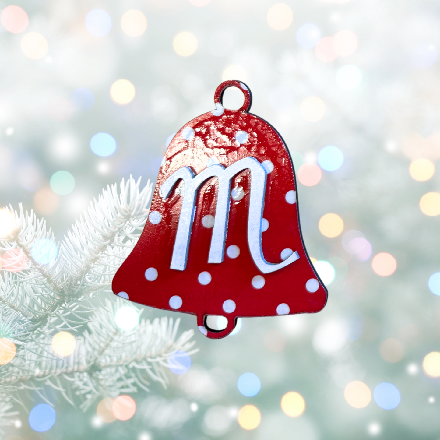 Christmas Polka Dot Round  Bell Wood Ornament:  Personalized Family, Custom Name, 2025 Ornament Personalizable Initial