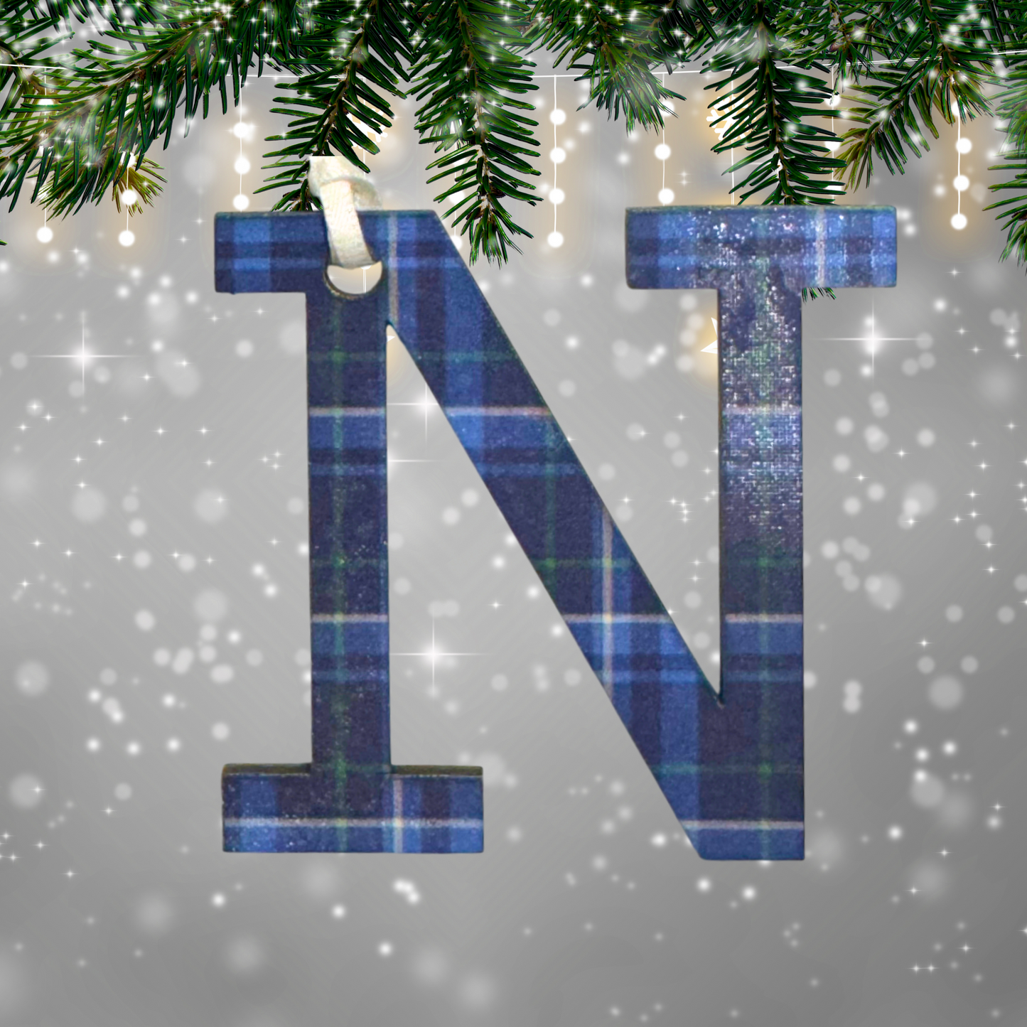 Personalized Wood Ornament:  Tartan Plaid, Laser Cut, Custom Letter, Family Ornament, Engraved