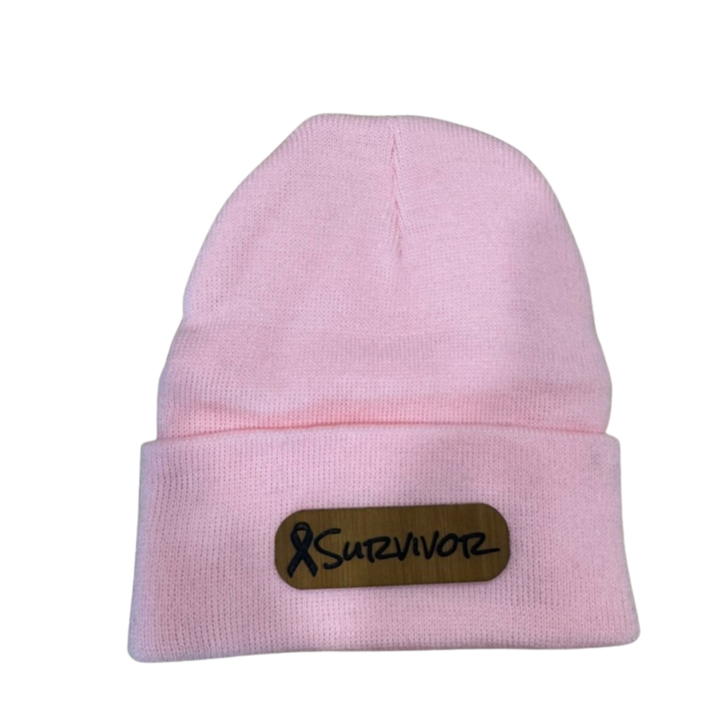 Survivor Beanie – Breast Cancer Awareness Knit Hat with Engraved Bamboo Look Patch
