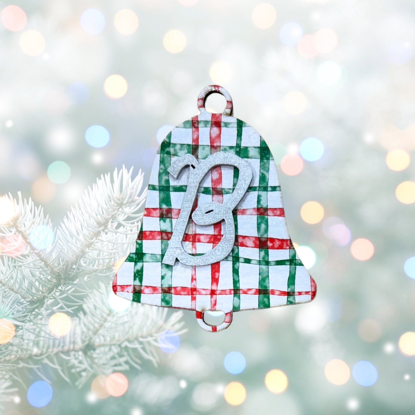 Christmas Plaid Round  Bell Wood Ornament:  Personalized Family, Custom Name, 2025 Ornament Personalizable Initial