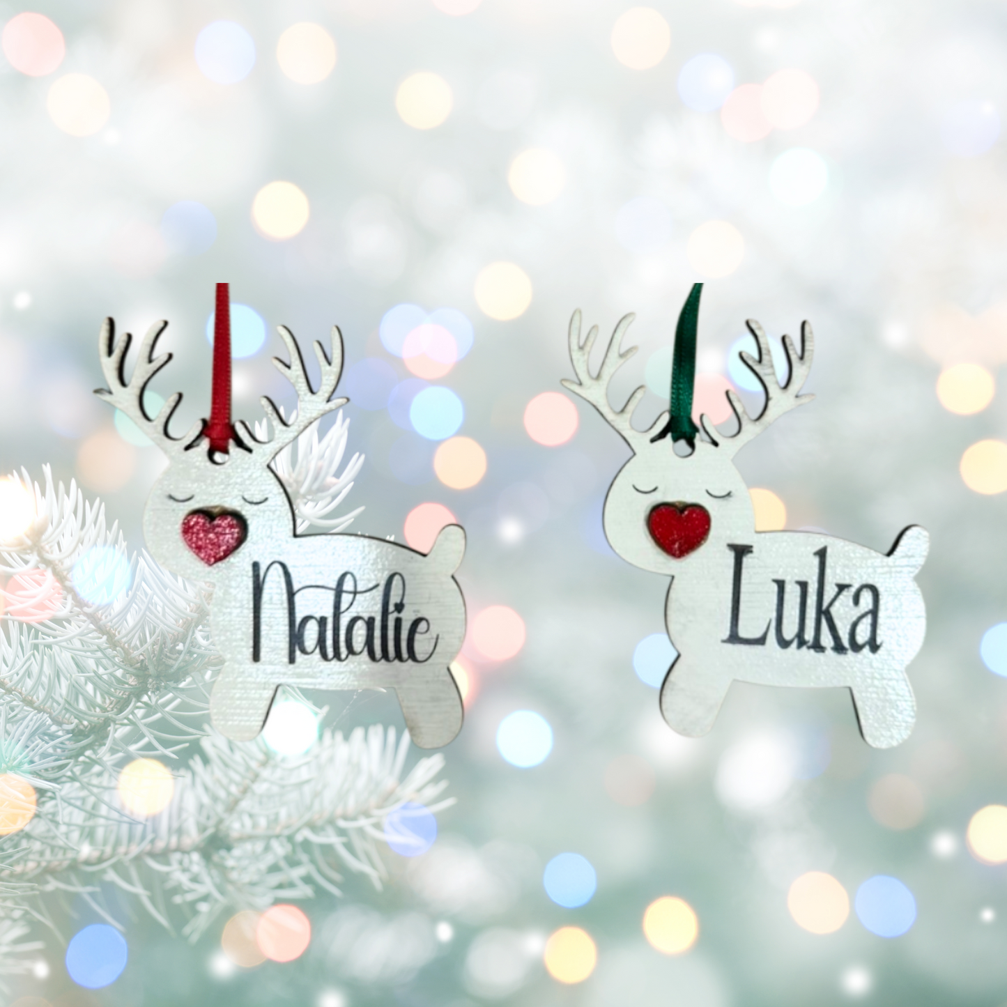 Christmas Reindeer Heart Wood Ornament:  Personalized Family, Custom Name, 2025 Ornament