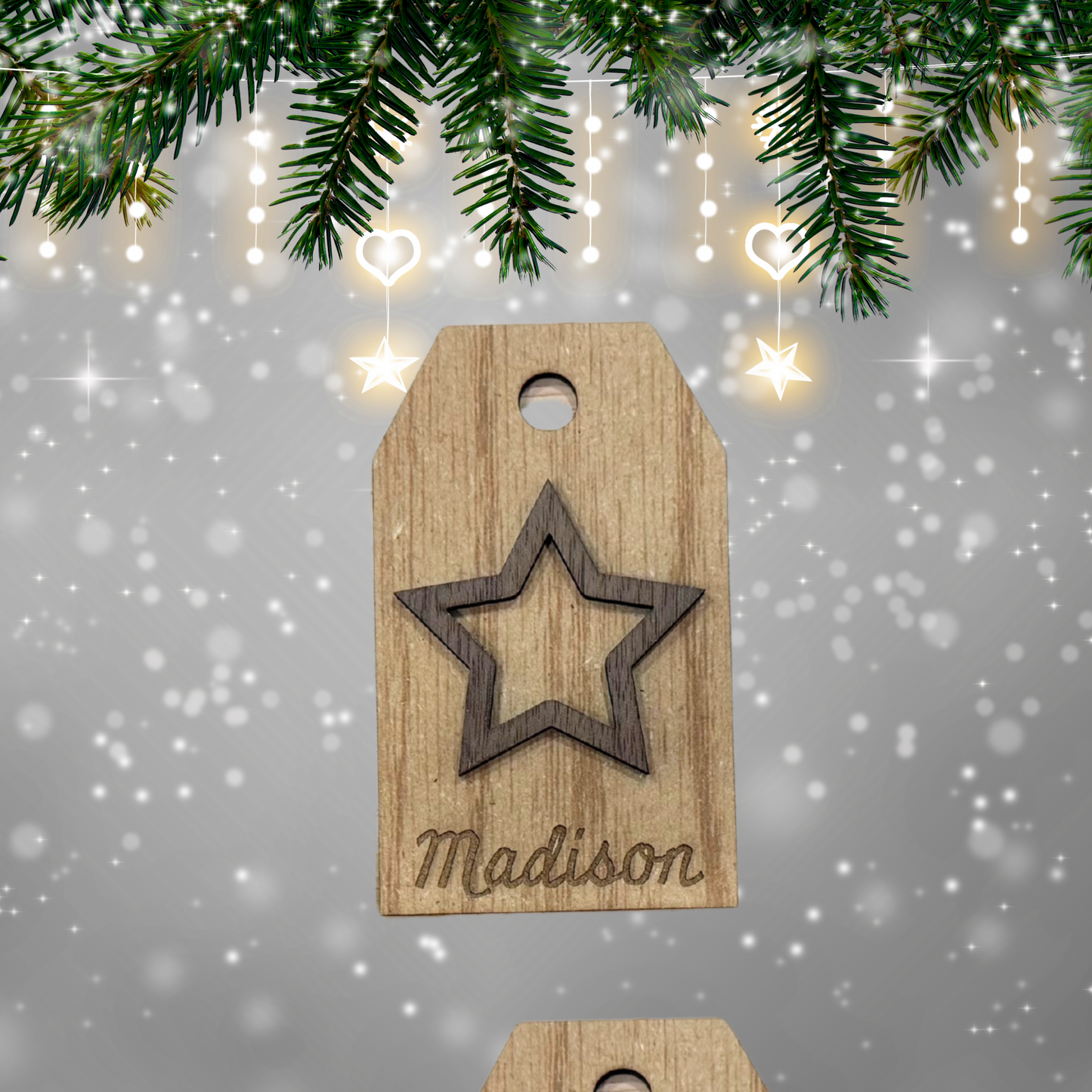 Personalized Wood Gift Tag:  Laser Cut, Custom Name, Family Ornament, Engraved, Stocking tag